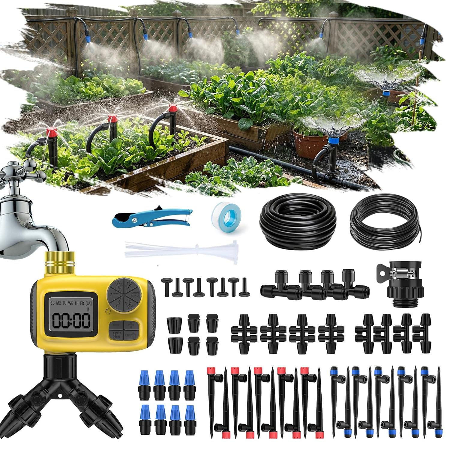 165FT Drip Irrigation System with Timer, Automatic DIY Garden Watering Kit with 1/2" & 1/4" Tubing, Solid Brass Connectors & Adjustable Sprayers for Plants, Garden, Lawn, Greenhouse, Raised Beds - Image 2