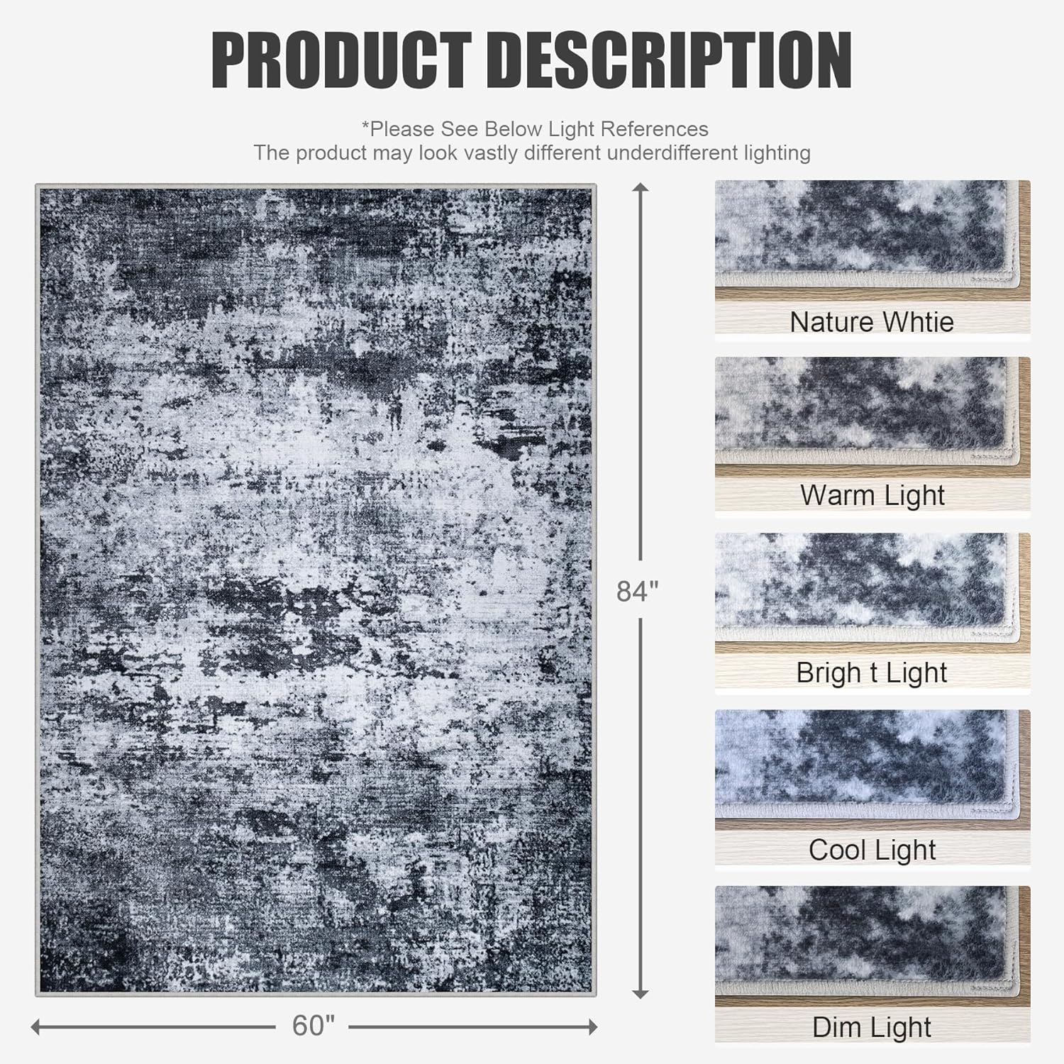 5x7 Area Rug Living Room Rug: Washable Modern Abstract Soft Thin Rug Indoor Floor No Slip Stain Resistant Carpet for Bedroom Dining Room Farmhouse Nursery Home Office - Black - Image 3
