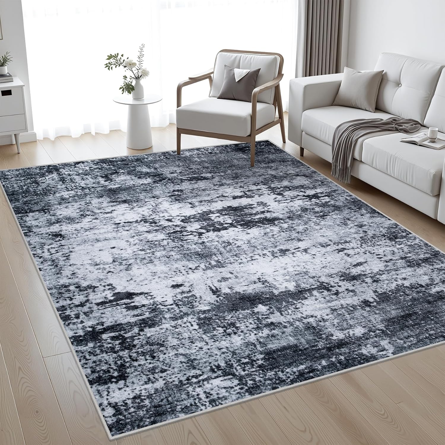 5x7 Area Rug Living Room Rug: Washable Modern Abstract Soft Thin Rug Indoor Floor No Slip Stain Resistant Carpet for Bedroom Dining Room Farmhouse Nursery Home Office - Black - Image 4