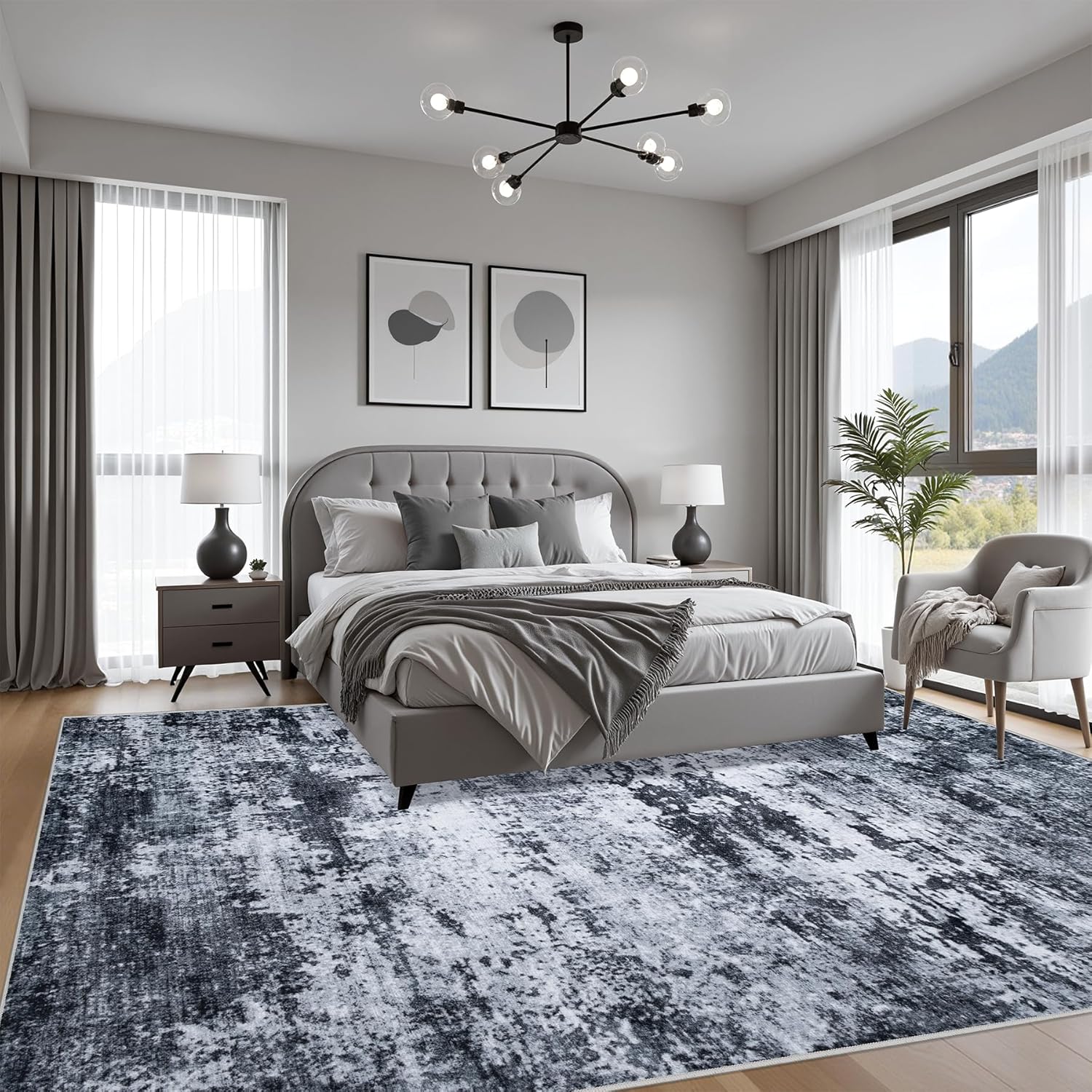 5x7 Area Rug Living Room Rug: Washable Modern Abstract Soft Thin Rug Indoor Floor No Slip Stain Resistant Carpet for Bedroom Dining Room Farmhouse Nursery Home Office - Black - Image 5