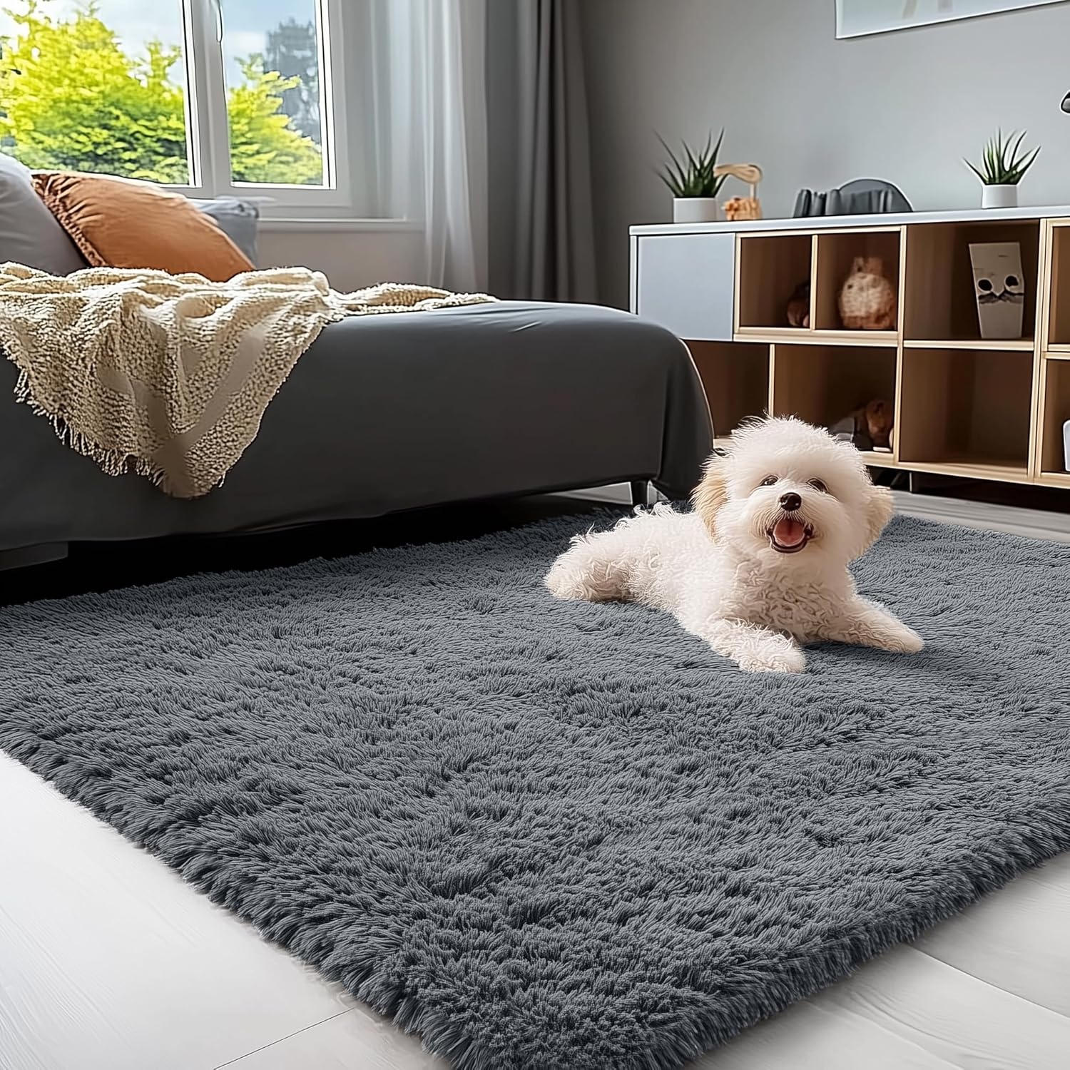 OLANLY Area Rugs for Living Room Bedroom, Machine Washable 4x5.9 ft Soft Fluffy Shaggy Bedside Rug, Indoor Floor Carpet for Kids Girls and Boys, Dorms, Nursery Rooms, Home Decor Aesthetic, Grey - Image 4