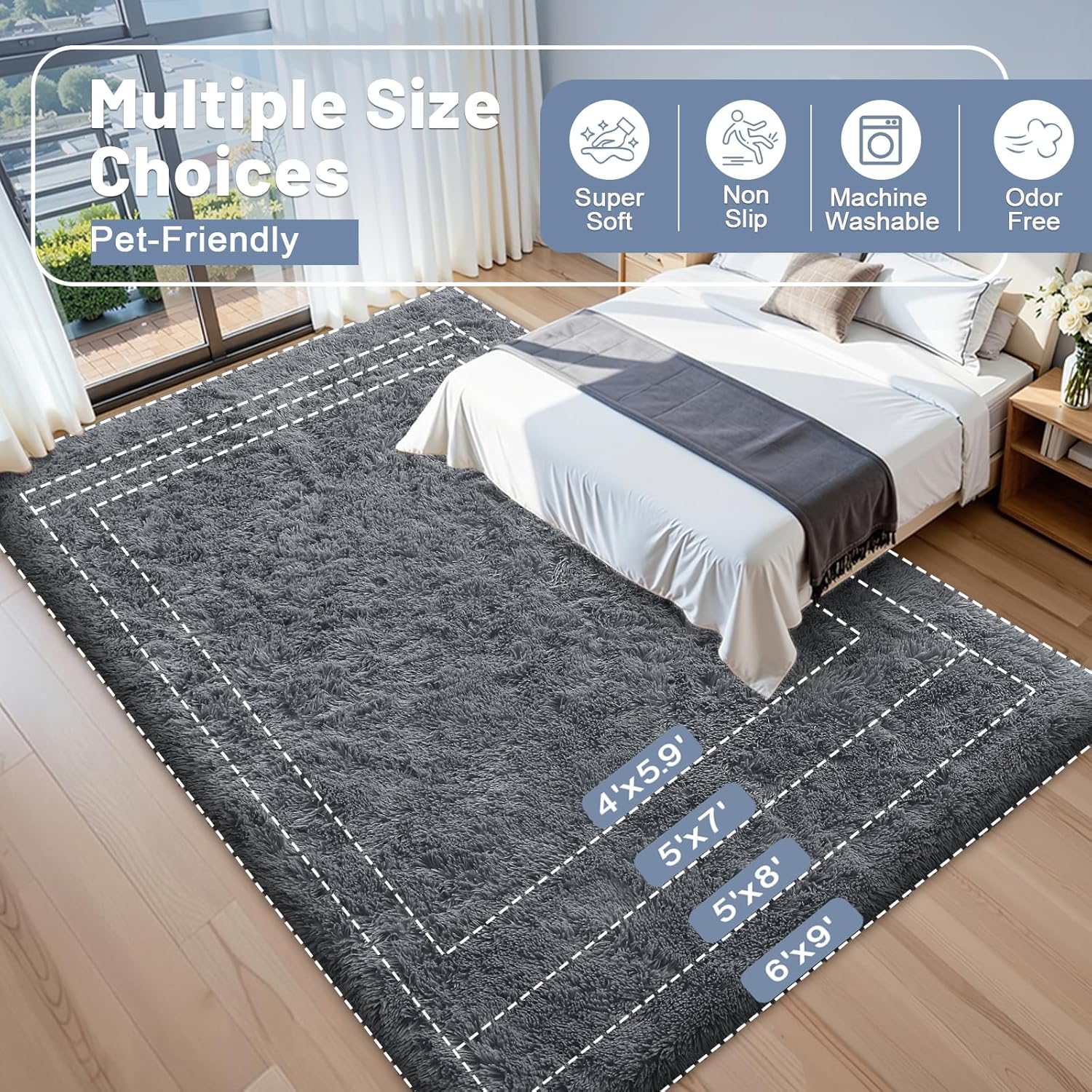 OLANLY Area Rugs for Living Room Bedroom, Machine Washable 4x5.9 ft Soft Fluffy Shaggy Bedside Rug, Indoor Floor Carpet for Kids Girls and Boys, Dorms, Nursery Rooms, Home Decor Aesthetic, Grey - Image 10