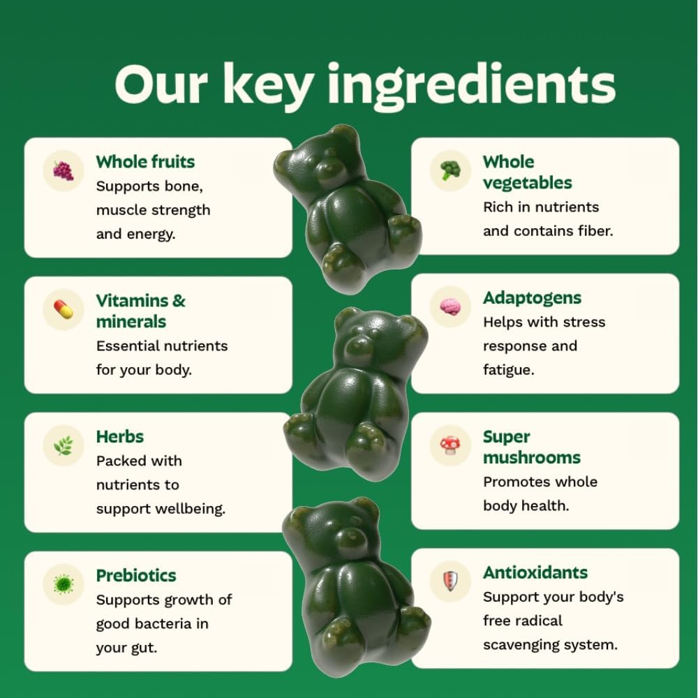 Gruns Adult Super Greens Multivitamin Gummies, Superfood Gummy Vitamins for Women and Men with Spirulina, Chlorella, Adaptogens & Prebiotic Fiber for Digestive Health (28 Count) - Image 3