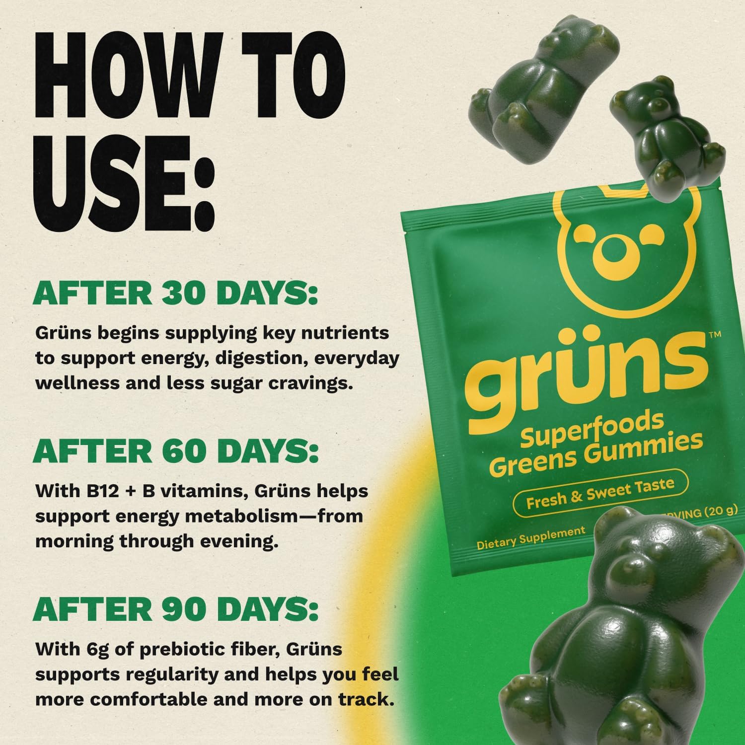Gruns Adult Super Greens Multivitamin Gummies, Superfood Gummy Vitamins for Women and Men with Spirulina, Chlorella, Adaptogens & Prebiotic Fiber for Digestive Health (28 Count) - Image 5