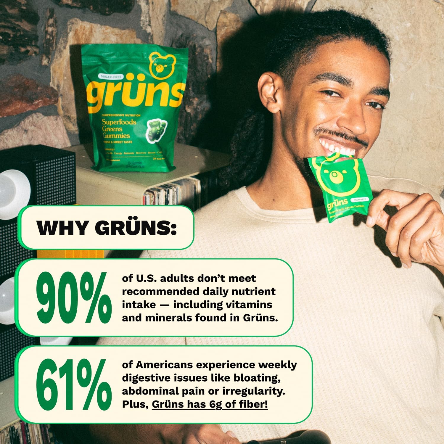 Gruns Adult Super Greens Multivitamin Gummies, Superfood Gummy Vitamins for Women and Men with Spirulina, Chlorella, Adaptogens & Prebiotic Fiber for Digestive Health (28 Count) - Image 7