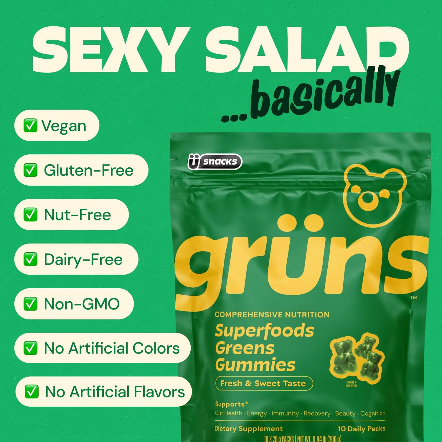 Gruns Adult Super Greens Multivitamin Gummies, Superfood Gummy Vitamins for Women and Men with Spirulina, Chlorella, Adaptogens & Prebiotic Fiber for Digestive Health (28 Count) - Image 8