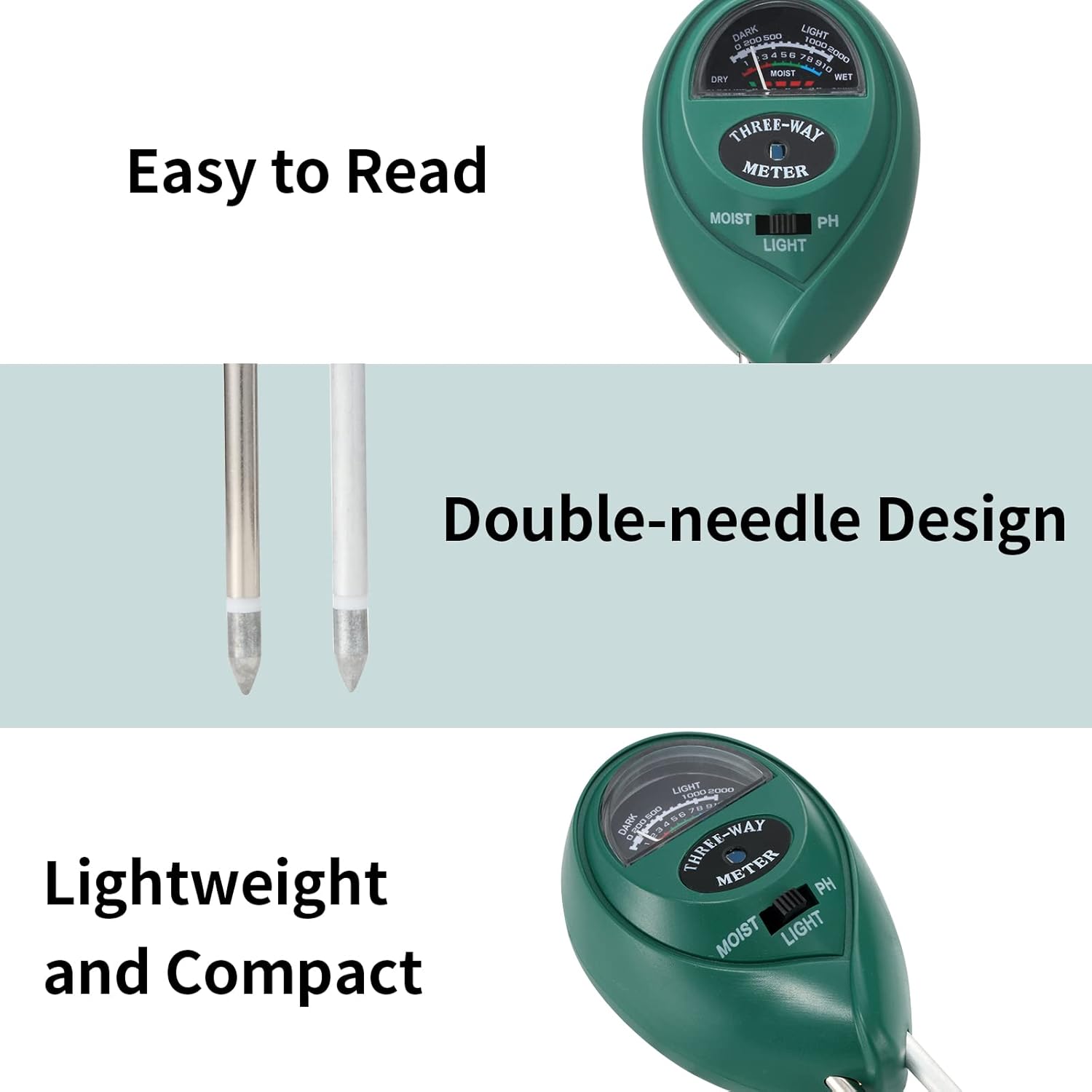 2 Packs Soil Moisture Meter, 3 in 1 Soil Tester Tool, Plant Water Monitor, Soil Hygrometer Sensor for Gardening, Farming, Indoor and Outdoor Plants, No Batteries Required (Black & Green) - Image 4