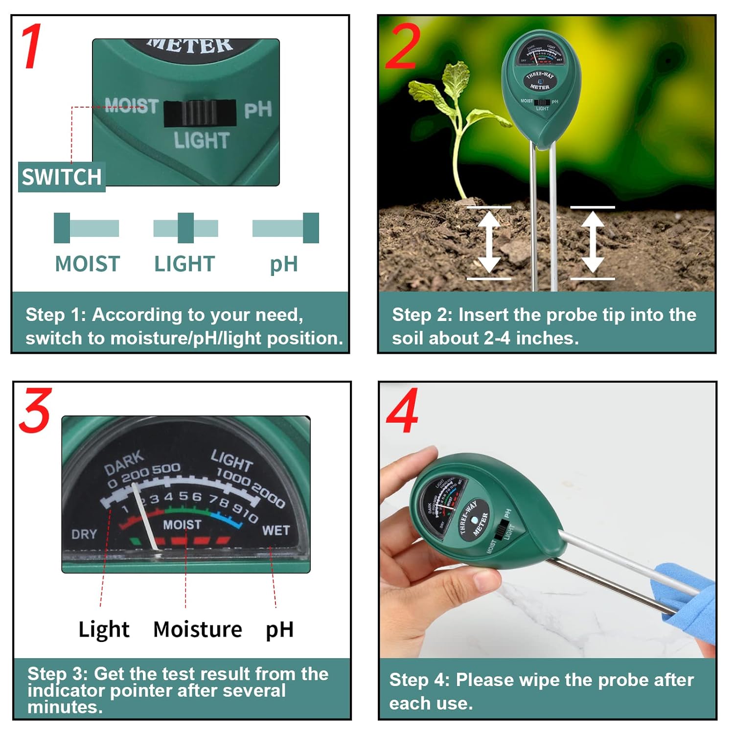 2 Packs Soil Moisture Meter, 3 in 1 Soil Tester Tool, Plant Water Monitor, Soil Hygrometer Sensor for Gardening, Farming, Indoor and Outdoor Plants, No Batteries Required (Black & Green) - Image 6