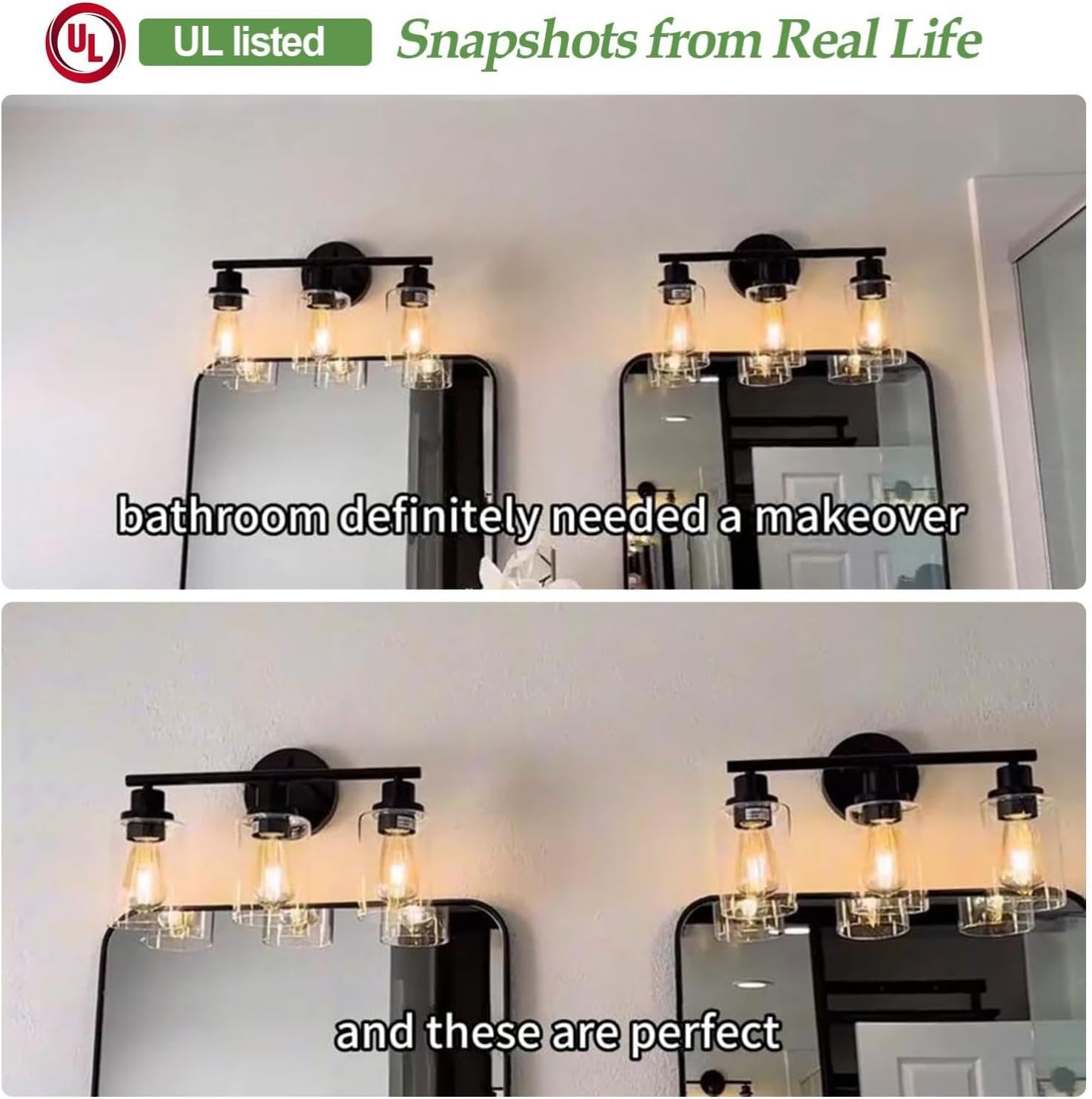 Zarbitta 3-Light Bathroom Light Fixtures, 17.23" Black Modern Vanity Lights with Clear Glass Shade, Bathroom Wall Lamp for Mirror Kitchen Living Room Hallway Cabinet Porch - Image 4