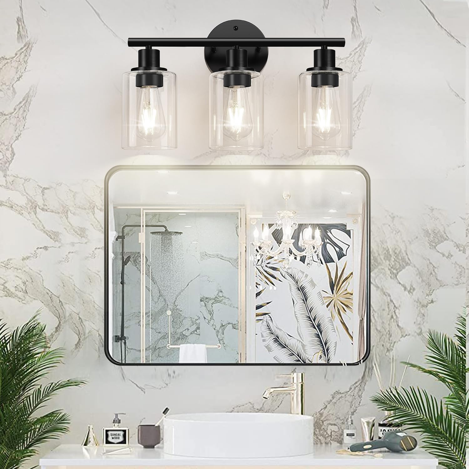 Zarbitta 3-Light Bathroom Light Fixtures, 17.23" Black Modern Vanity Lights with Clear Glass Shade, Bathroom Wall Lamp for Mirror Kitchen Living Room Hallway Cabinet Porch - Image 6