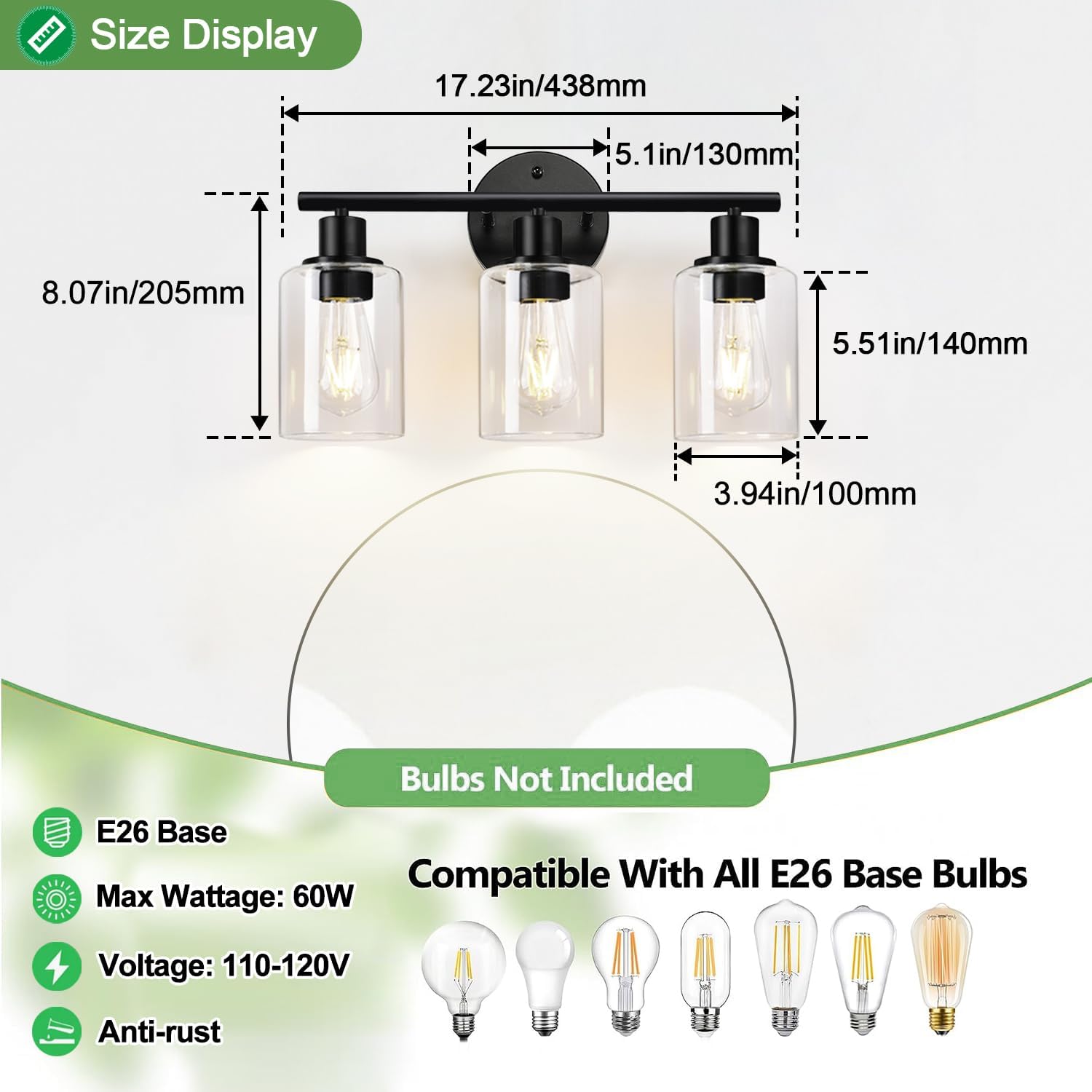 Zarbitta 3-Light Bathroom Light Fixtures, 17.23" Black Modern Vanity Lights with Clear Glass Shade, Bathroom Wall Lamp for Mirror Kitchen Living Room Hallway Cabinet Porch - Image 8