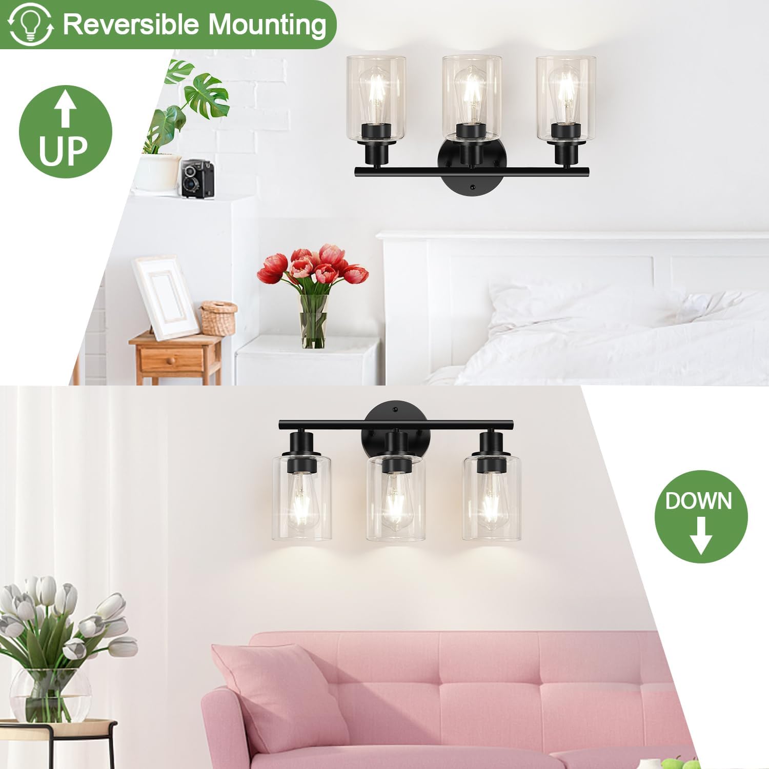 Zarbitta 3-Light Bathroom Light Fixtures, 17.23" Black Modern Vanity Lights with Clear Glass Shade, Bathroom Wall Lamp for Mirror Kitchen Living Room Hallway Cabinet Porch - Image 9