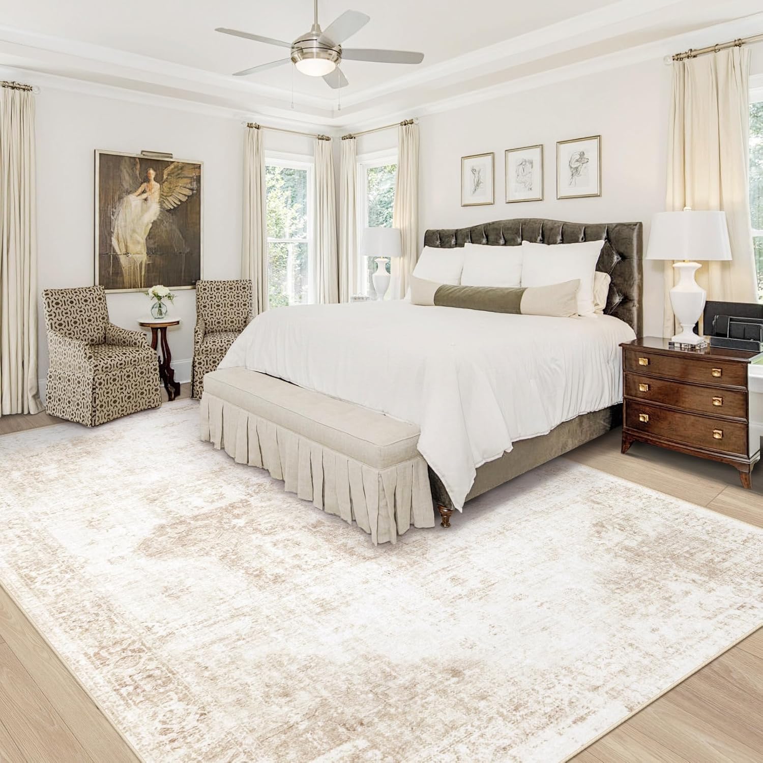 Area Rug 8x10 Washable Rug, Vintage Boho Medallion Rugs Non-Slip Soft Low Pile Large Distressed Rug Indoor Retro Carpet for Living Room Bedroom Dining Room Office Children's Room(Beige, 8'x10') - Image 3