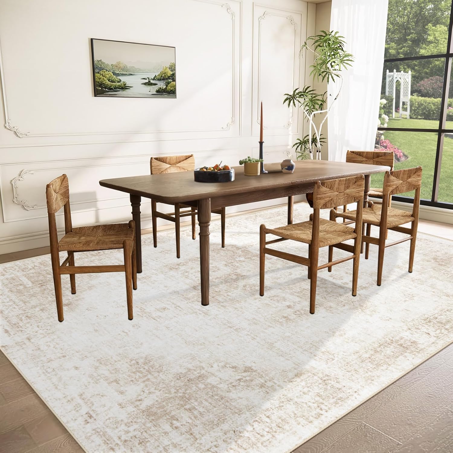 Area Rug 8x10 Washable Rug, Vintage Boho Medallion Rugs Non-Slip Soft Low Pile Large Distressed Rug Indoor Retro Carpet for Living Room Bedroom Dining Room Office Children's Room(Beige, 8'x10') - Image 4
