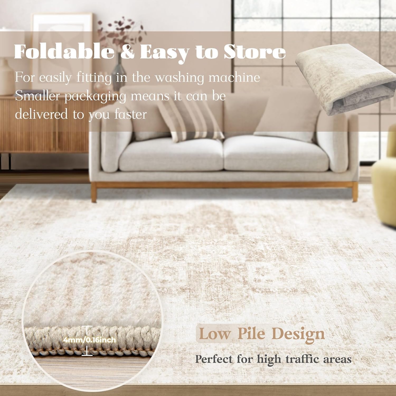 Area Rug 8x10 Washable Rug, Vintage Boho Medallion Rugs Non-Slip Soft Low Pile Large Distressed Rug Indoor Retro Carpet for Living Room Bedroom Dining Room Office Children's Room(Beige, 8'x10') - Image 8