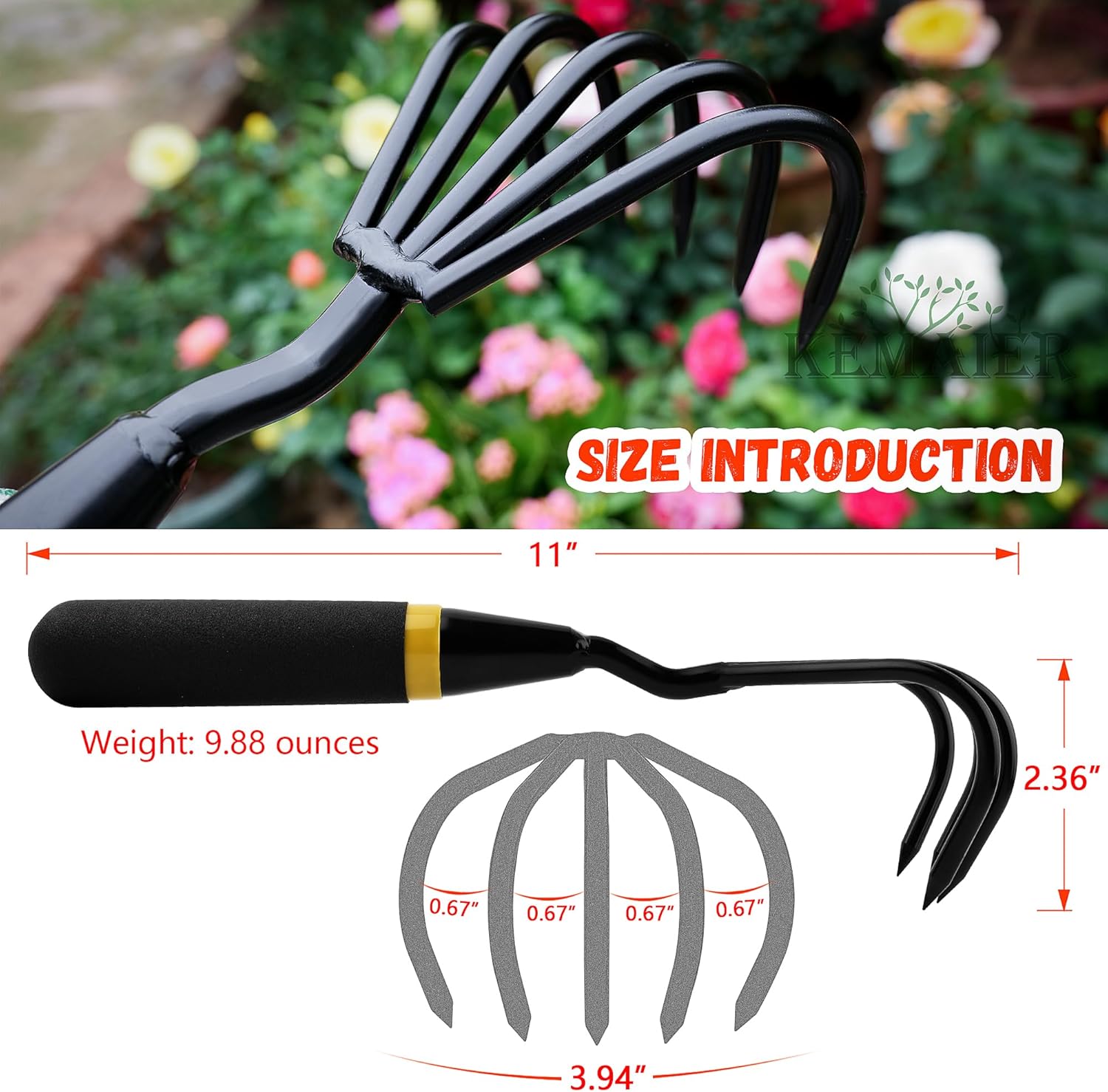 Kemaier Hand Rake and Weeder Cultivator – 5-Claw Heavy Duty Stainless Steel Garden Tool for Small Gardens, Soil Loosening and Weeding – Ergonomic Handle, Durable Hand Tools for Easy Gardening - Image 3