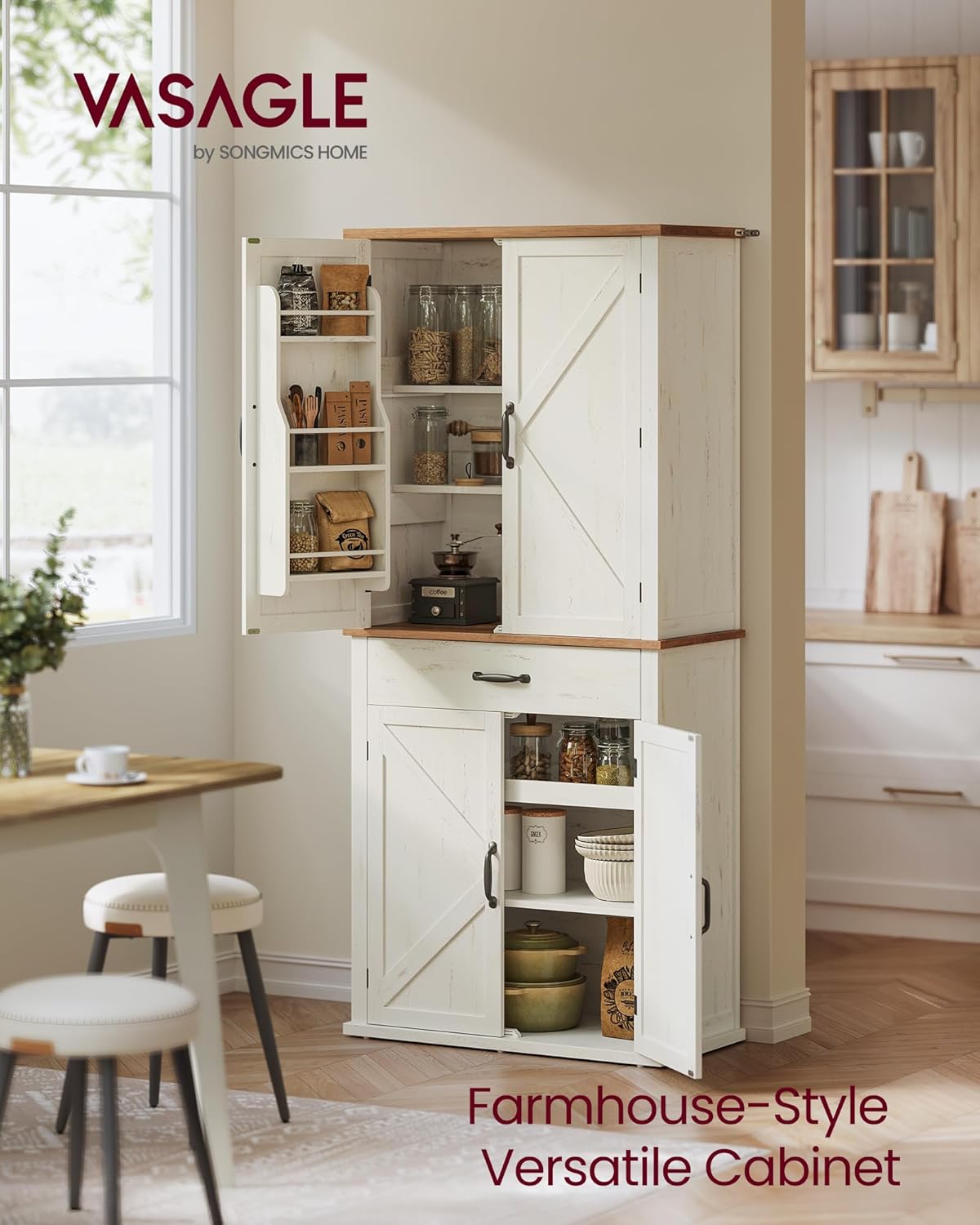 VASAGLE LIRY Collection - Pantry Cabinet, 70.3-Inch Tall Farmhouse Kitchen Storage Cabinet with Barn Doors, Drawer, Tray, Adjustable Shelves, for Kitchen, Dining Room, Rustic White UBBK364W01 - Image 3