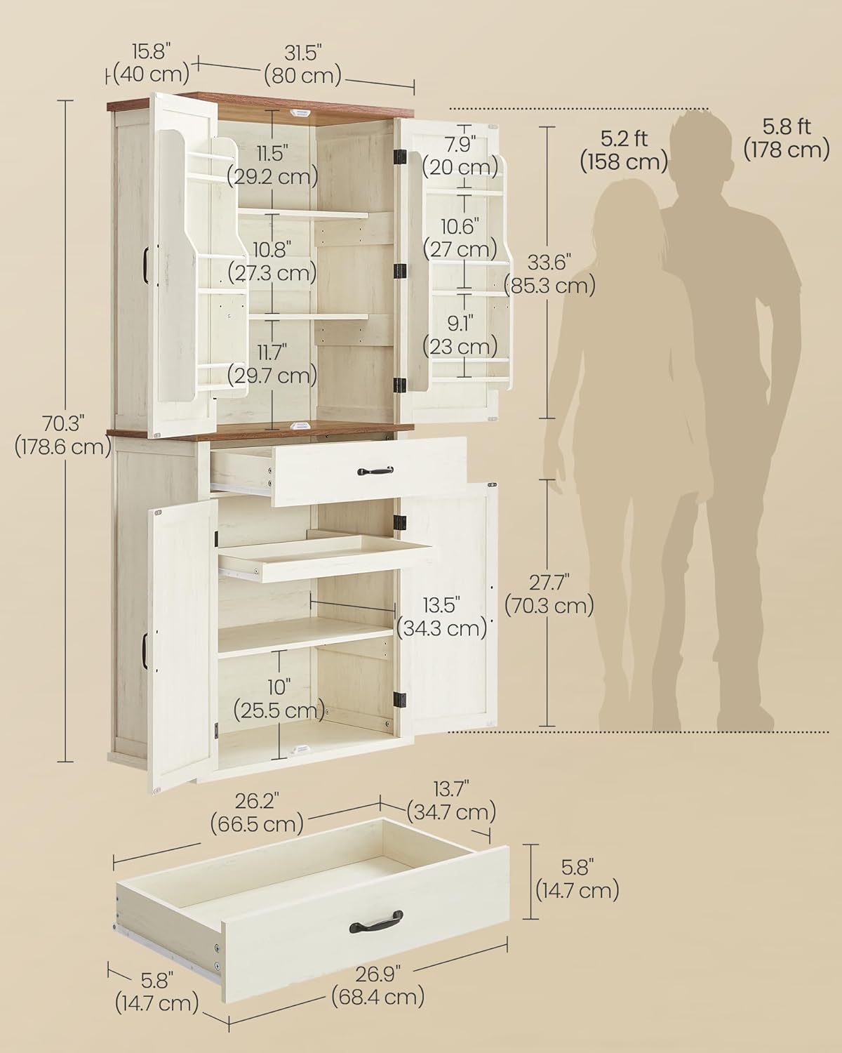 VASAGLE LIRY Collection - Pantry Cabinet, 70.3-Inch Tall Farmhouse Kitchen Storage Cabinet with Barn Doors, Drawer, Tray, Adjustable Shelves, for Kitchen, Dining Room, Rustic White UBBK364W01 - Image 4
