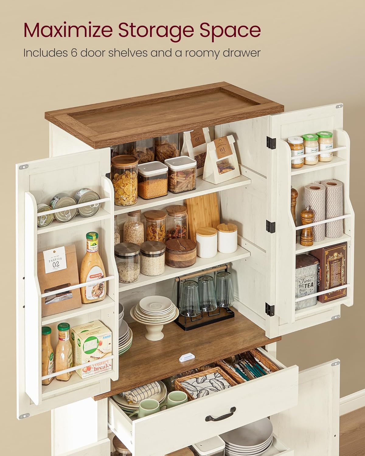 VASAGLE LIRY Collection - Pantry Cabinet, 70.3-Inch Tall Farmhouse Kitchen Storage Cabinet with Barn Doors, Drawer, Tray, Adjustable Shelves, for Kitchen, Dining Room, Rustic White UBBK364W01 - Image 5