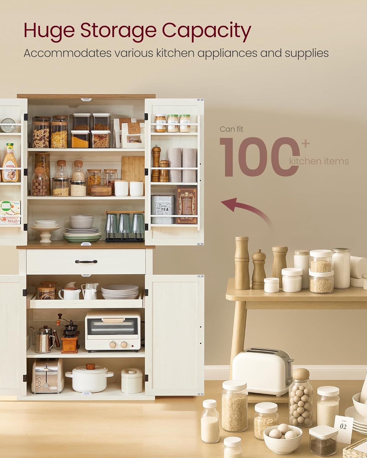 VASAGLE LIRY Collection - Pantry Cabinet, 70.3-Inch Tall Farmhouse Kitchen Storage Cabinet with Barn Doors, Drawer, Tray, Adjustable Shelves, for Kitchen, Dining Room, Rustic White UBBK364W01 - Image 6
