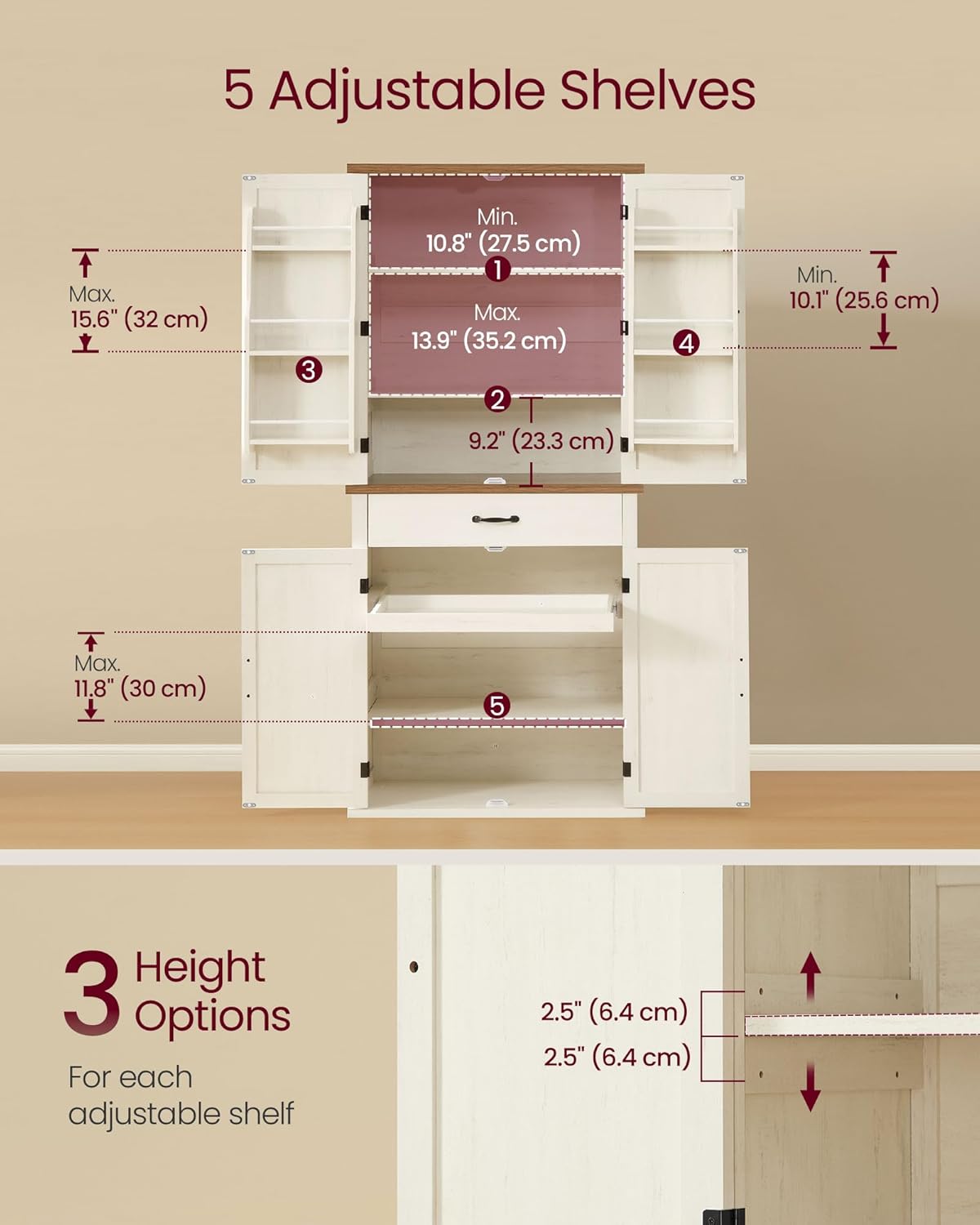 VASAGLE LIRY Collection - Pantry Cabinet, 70.3-Inch Tall Farmhouse Kitchen Storage Cabinet with Barn Doors, Drawer, Tray, Adjustable Shelves, for Kitchen, Dining Room, Rustic White UBBK364W01 - Image 7