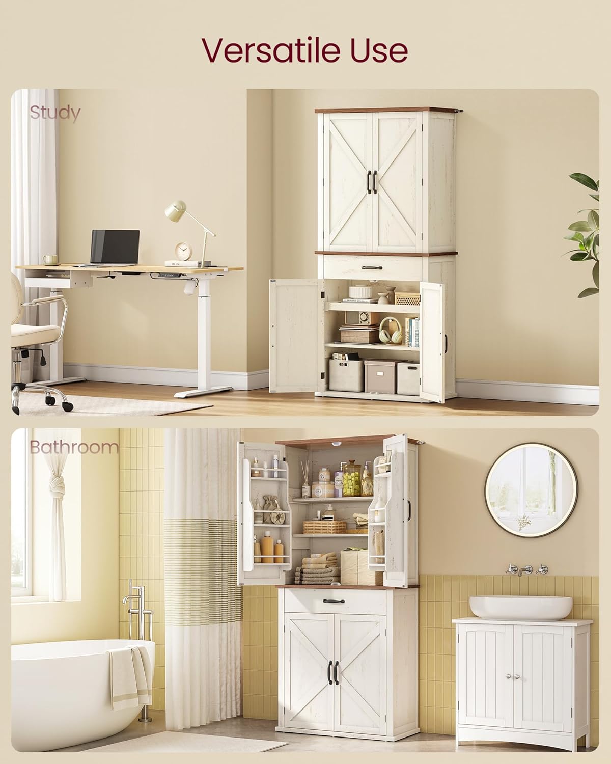 VASAGLE LIRY Collection - Pantry Cabinet, 70.3-Inch Tall Farmhouse Kitchen Storage Cabinet with Barn Doors, Drawer, Tray, Adjustable Shelves, for Kitchen, Dining Room, Rustic White UBBK364W01 - Image 8