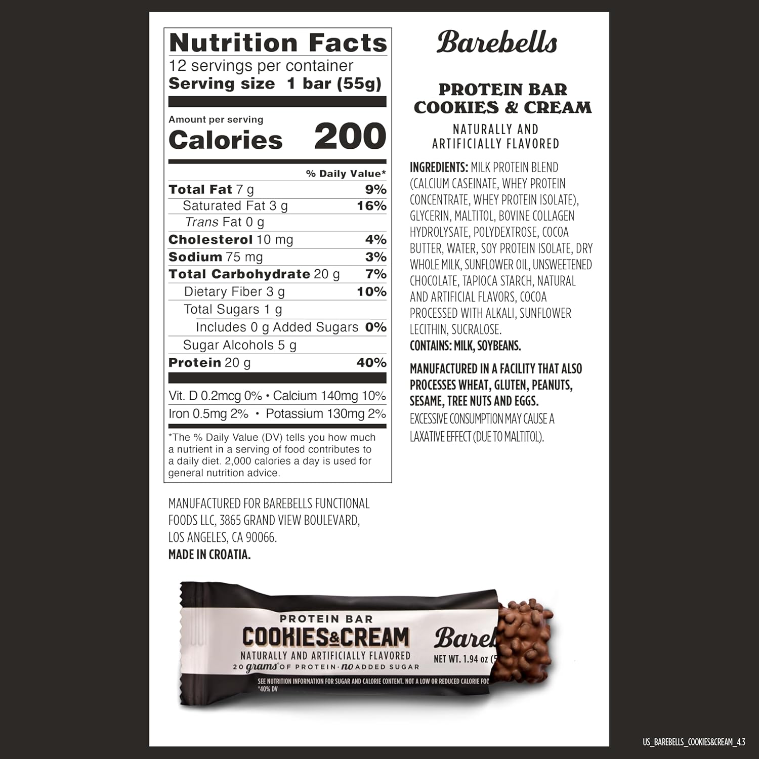 Barebells Protein Bars Cookies & Cream - 12 Count, 20g High Protein Treats - Chocolate Nutrition Bar with 1g Total Sugars - On-The-Go Breakfast or Post-Workout Snack - Image 3