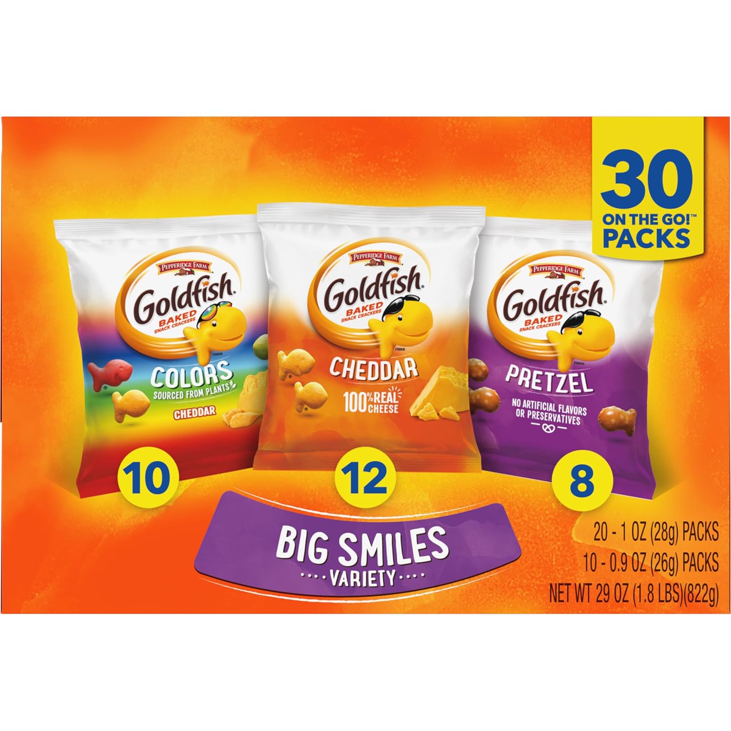 Goldfish Crackers Big Smiles Variety Pack with Cheddar, Colors, and Pretzels, Snack Packs, 30 Ct - Image 8