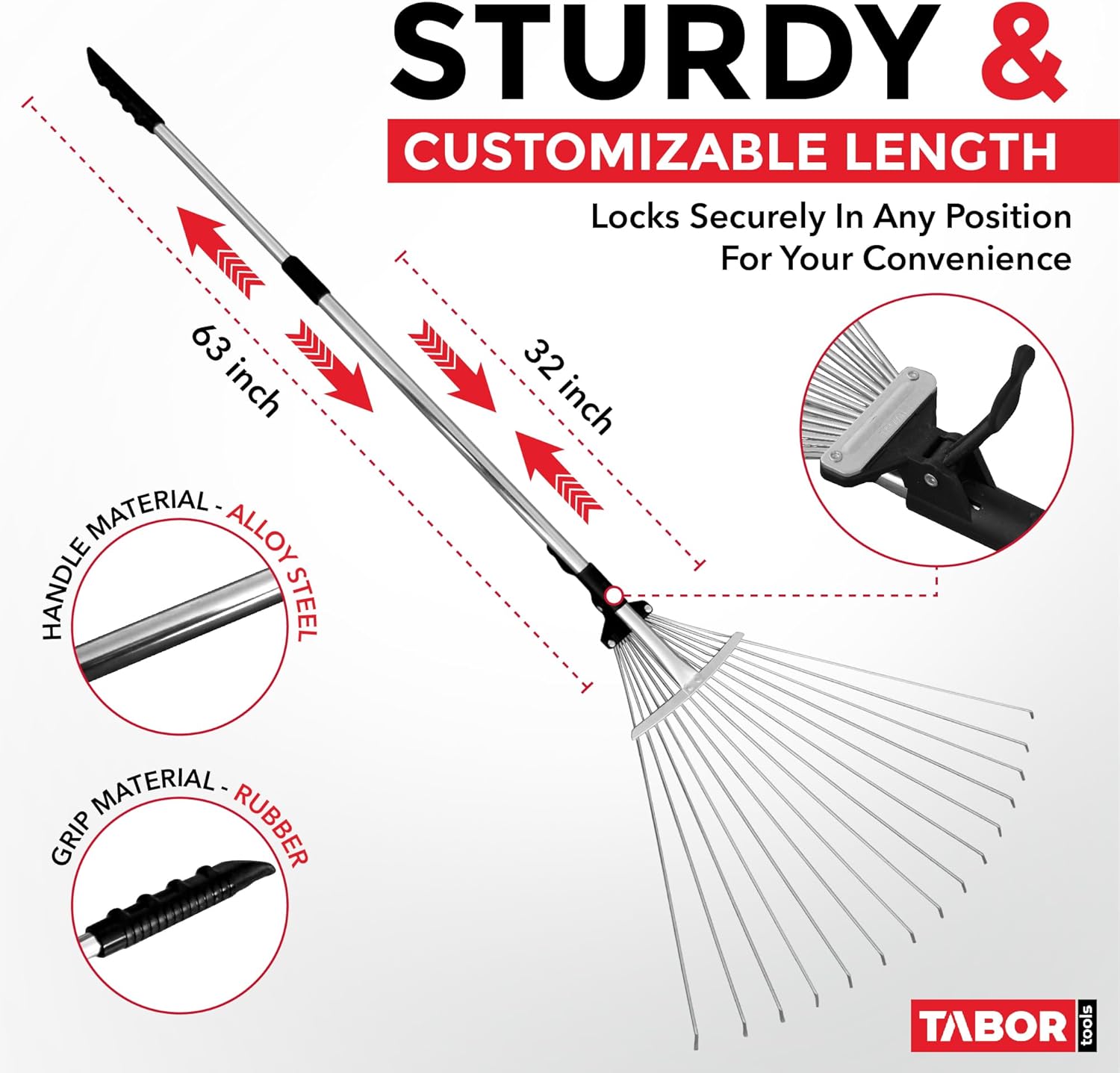TABOR TOOLS Adjustable Metal Rake - Collapsible & Telescopic - Garden, Yard, & Lawn - Ideal for Leaves, Shrubs & Small Areas. J16A - Image 3