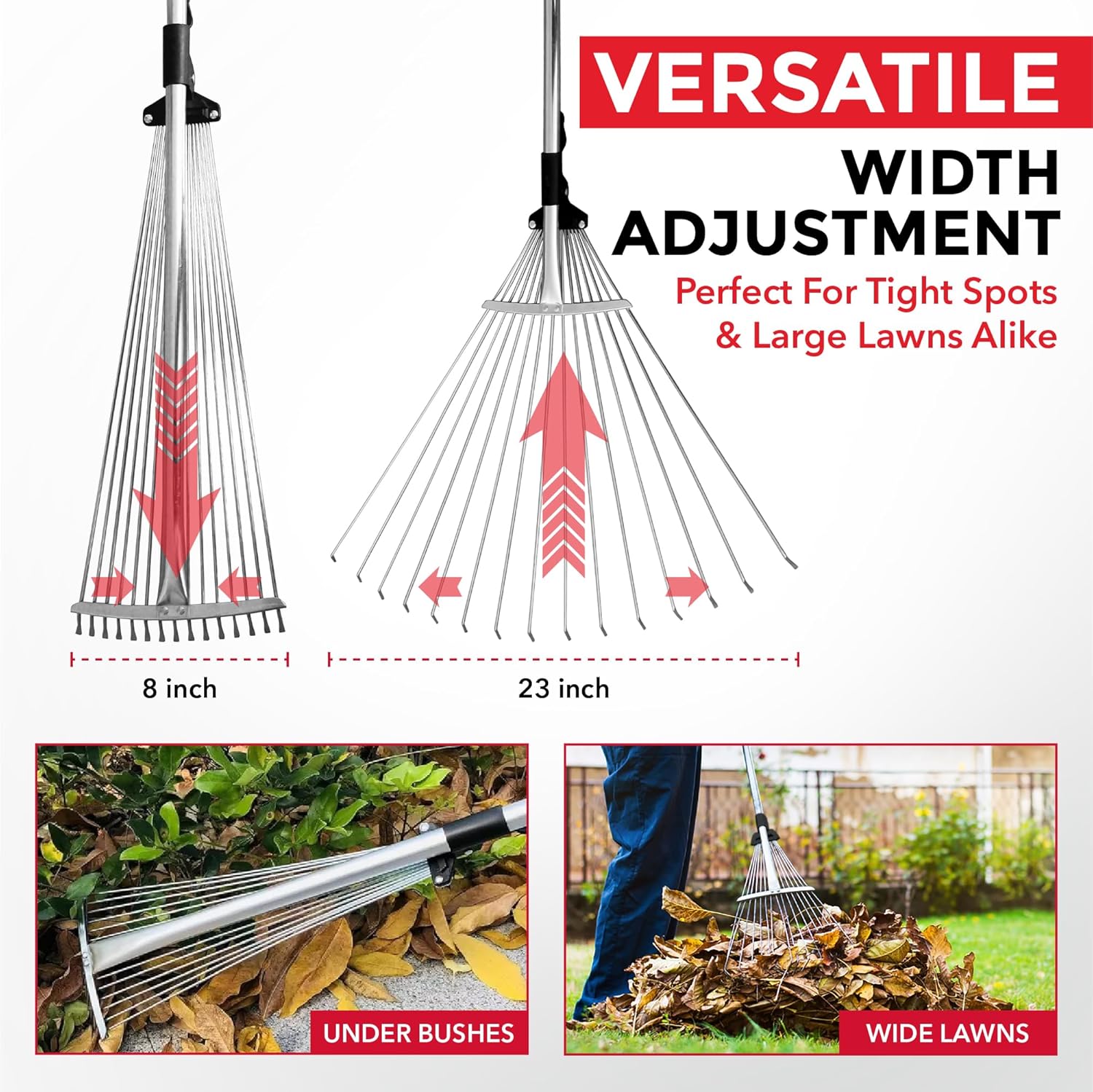 TABOR TOOLS Adjustable Metal Rake - Collapsible & Telescopic - Garden, Yard, & Lawn - Ideal for Leaves, Shrubs & Small Areas. J16A - Image 4
