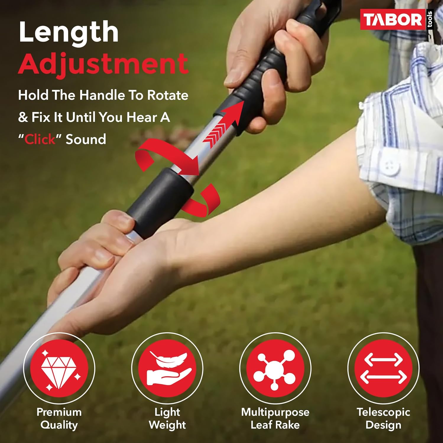 TABOR TOOLS Adjustable Metal Rake - Collapsible & Telescopic - Garden, Yard, & Lawn - Ideal for Leaves, Shrubs & Small Areas. J16A - Image 5