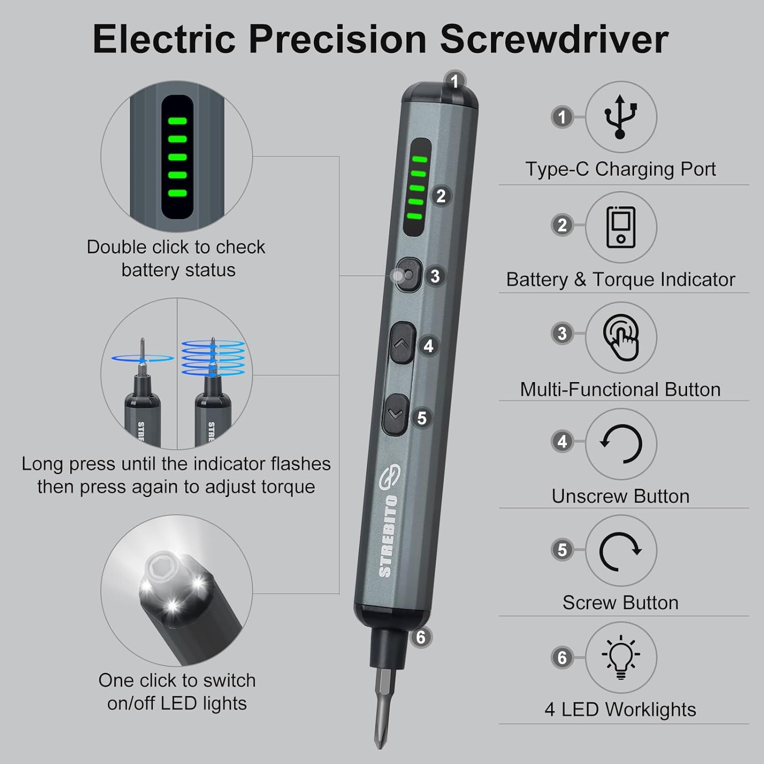 STREBITO Mini Electric Screwdriver Set, 70 in 1 Small Electric Screwdriver - 64 S2 Preicison Bits, 5 Torque Settings, 4 LED Lights, Mini Power Screwdriver Repair Tool Kit for PC Electronic (Standard) - Image 3