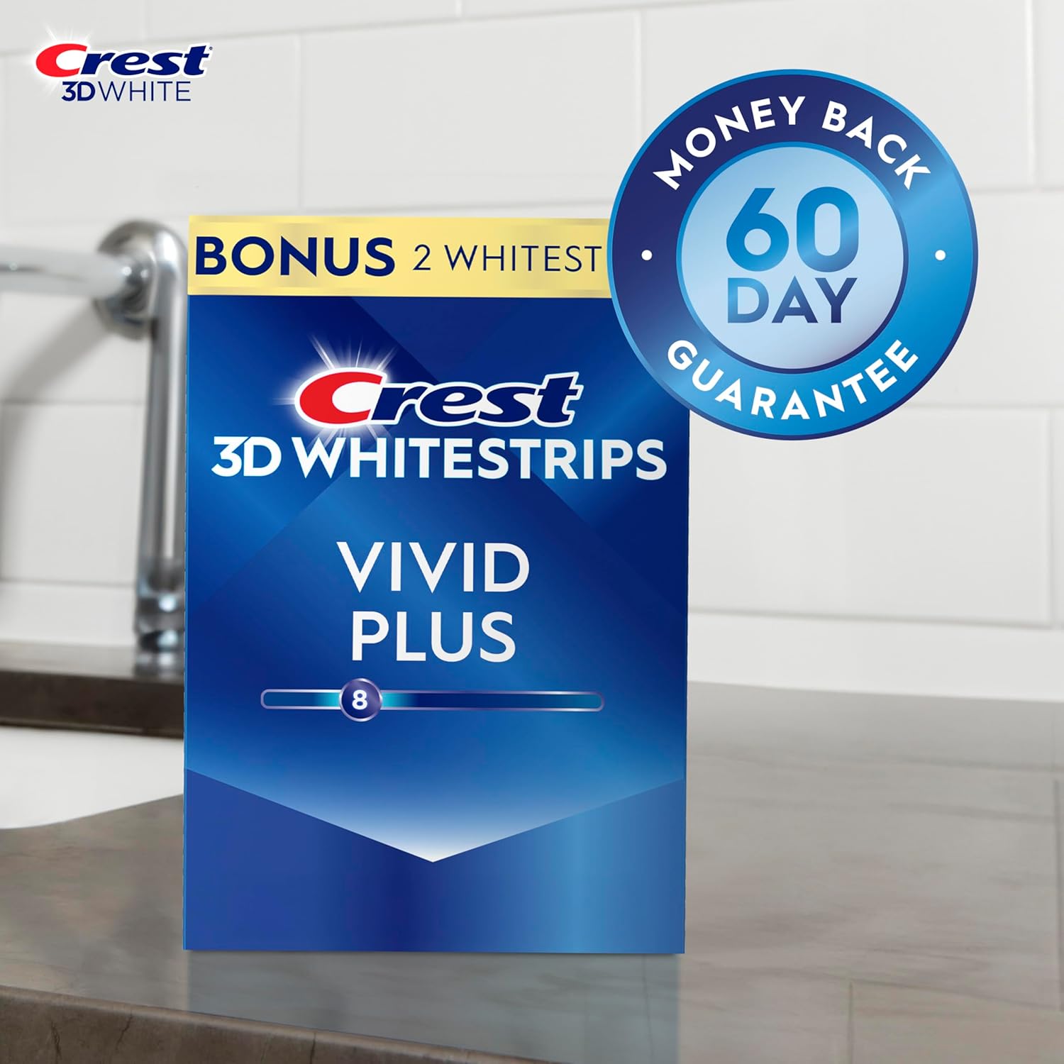 Crest 3D Whitestrips Vivid Plus, Teeth Whitening Strip Kit, 10 Treatments + 2 Bonus Treatments (Each with 1 Upper/1 Lower Strip), 24 Strips, 8 Levels Whiter, Teeth Whitening Kit - Image 4