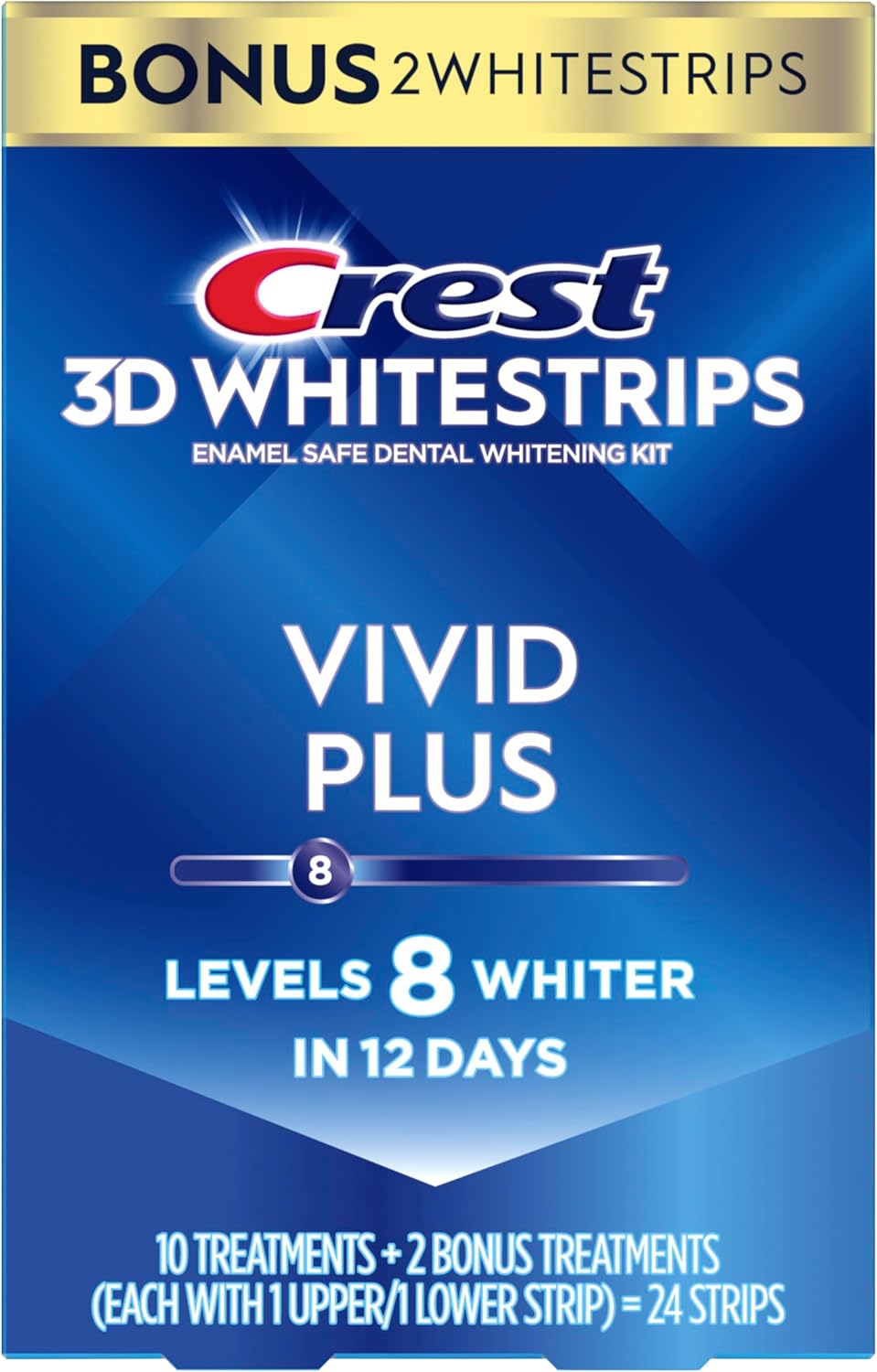 Crest 3D Whitestrips Vivid Plus, Teeth Whitening Strip Kit, 10 Treatments + 2 Bonus Treatments (Each with 1 Upper/1 Lower Strip), 24 Strips, 8 Levels Whiter, Teeth Whitening Kit - Image 8