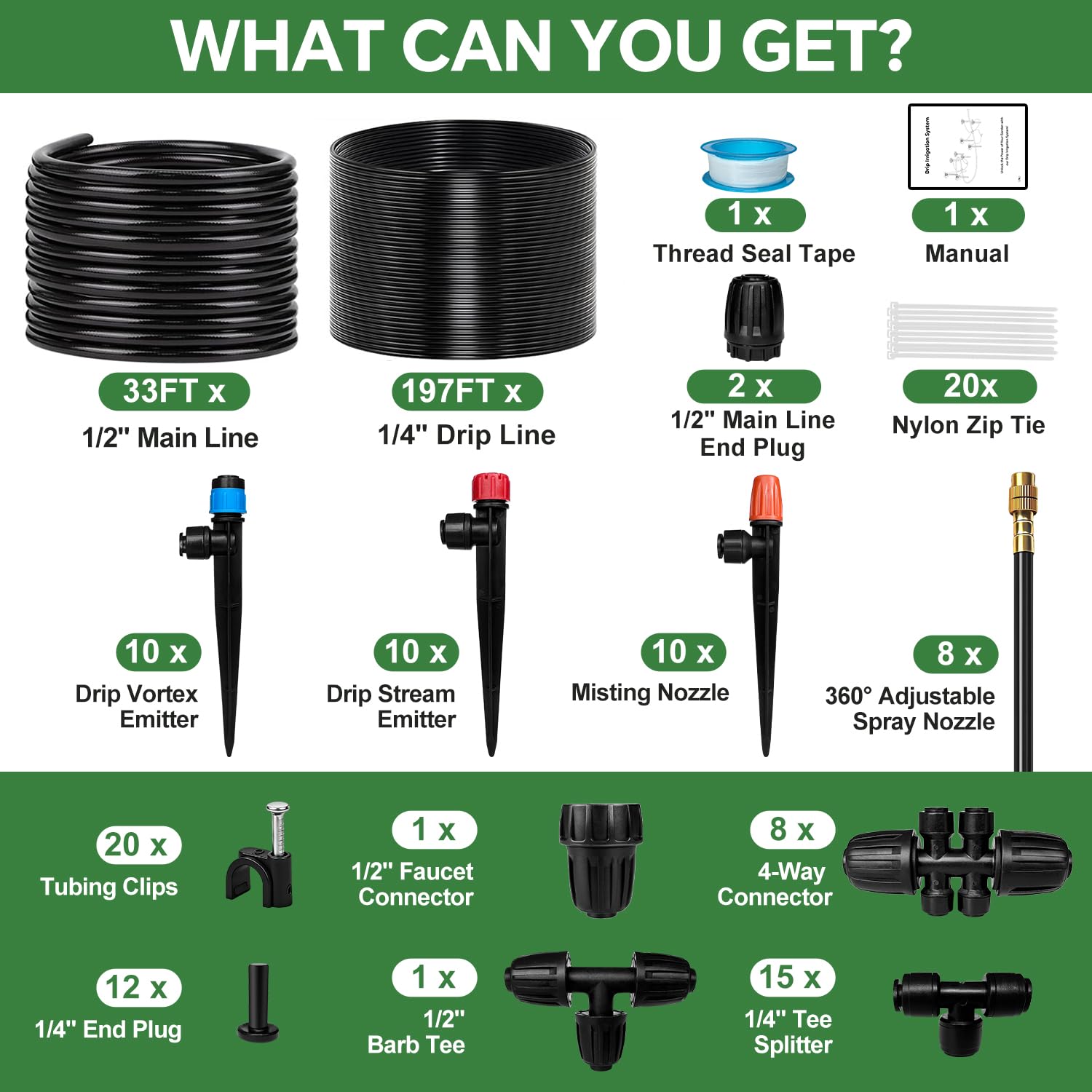 230FT Drip Irrigation System for Garden with 38pcs Adjustable Copper Nozzles & Emitters, Automatic Garden Watering System with 1/2" & 1/4" Tubing for Raised Bed, Yard, Greenhouse, Potted Plants, Lawn - Image 3