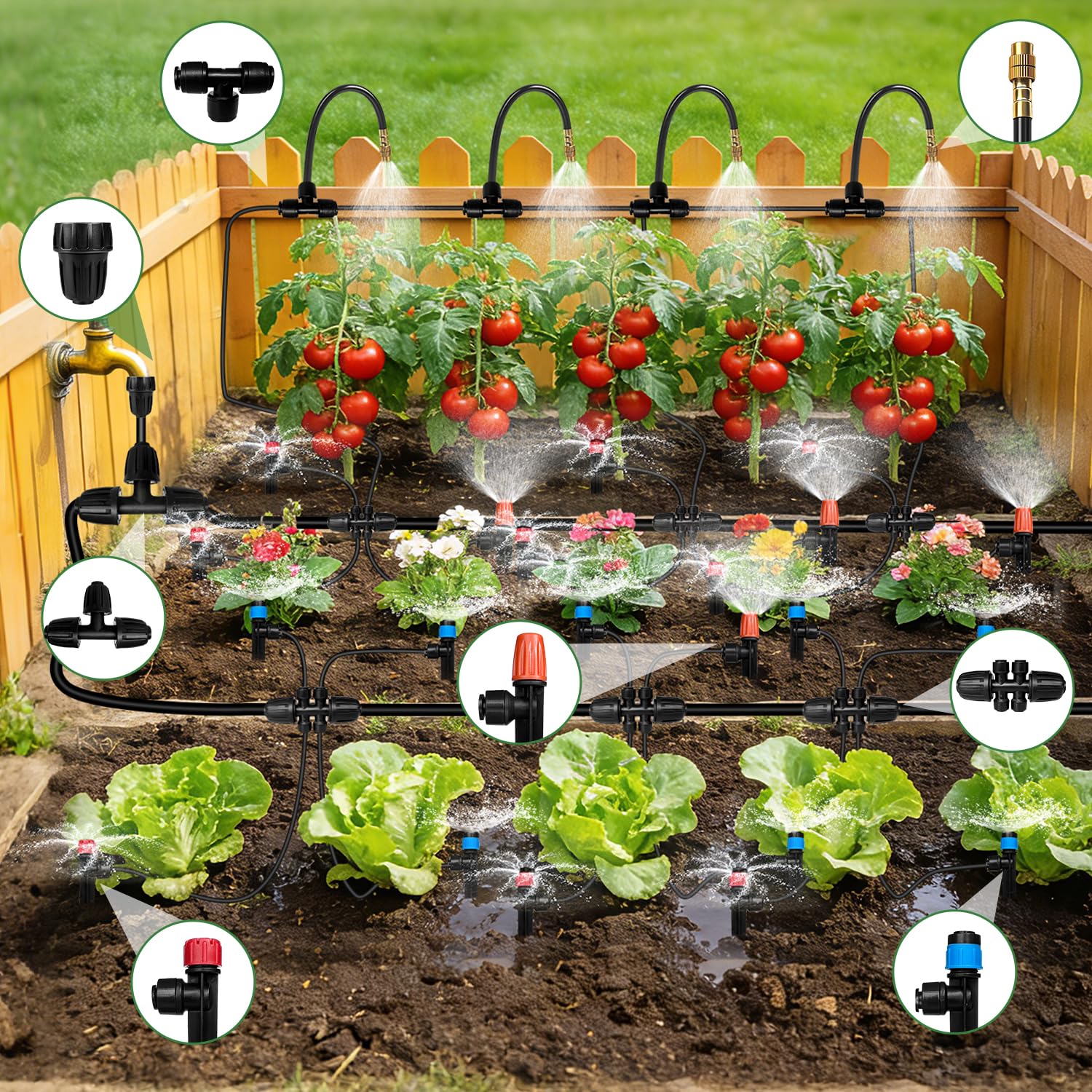230FT Drip Irrigation System for Garden with 38pcs Adjustable Copper Nozzles & Emitters, Automatic Garden Watering System with 1/2" & 1/4" Tubing for Raised Bed, Yard, Greenhouse, Potted Plants, Lawn - Image 4