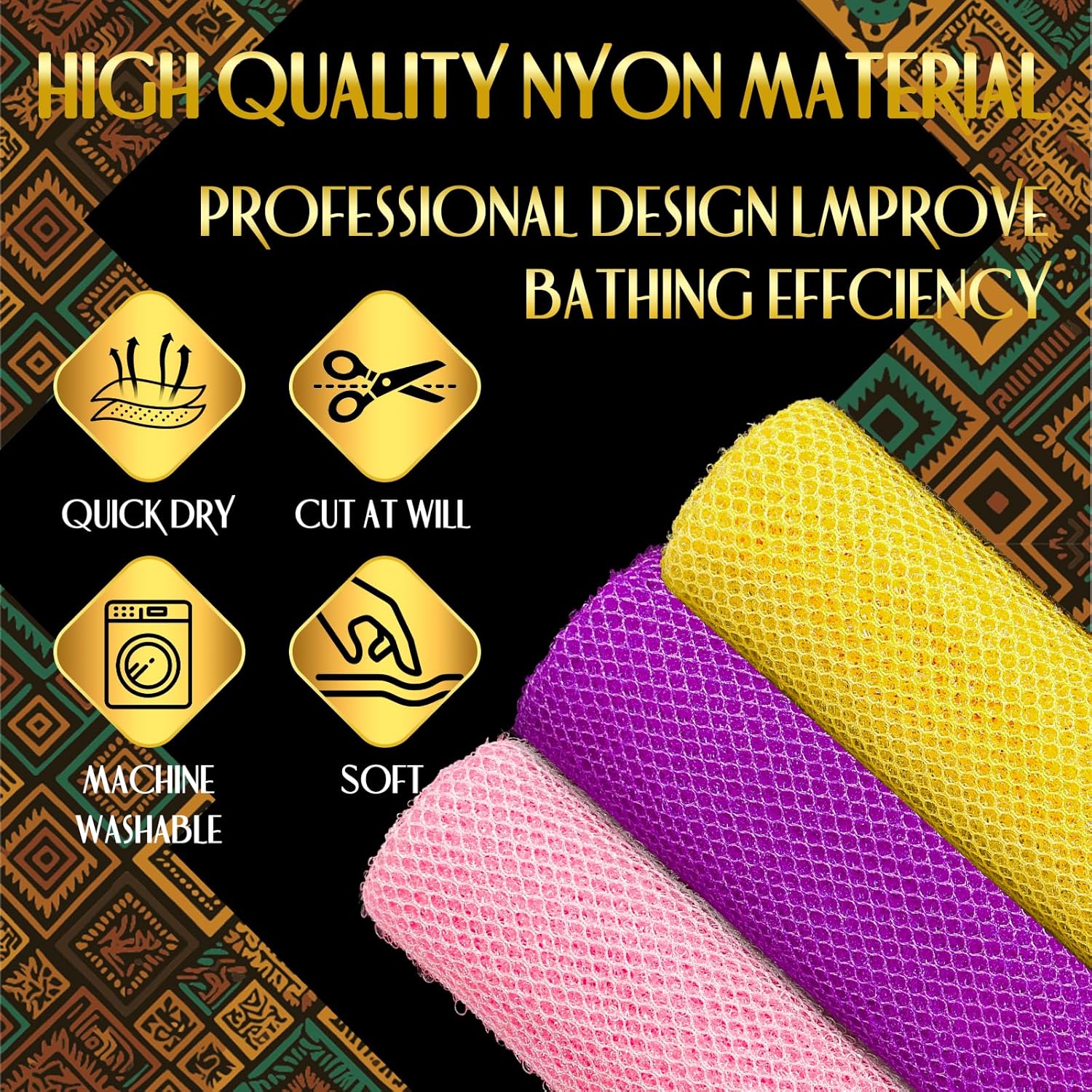 UJFQBH 3 Pieces African Bath Sponge African Net Long Net Bath Sponge Exfoliating Shower Body Scrubber Back Scrubber Skin Smoother,Great for Daily Use (Pink,Yellow,Purple) - Image 3