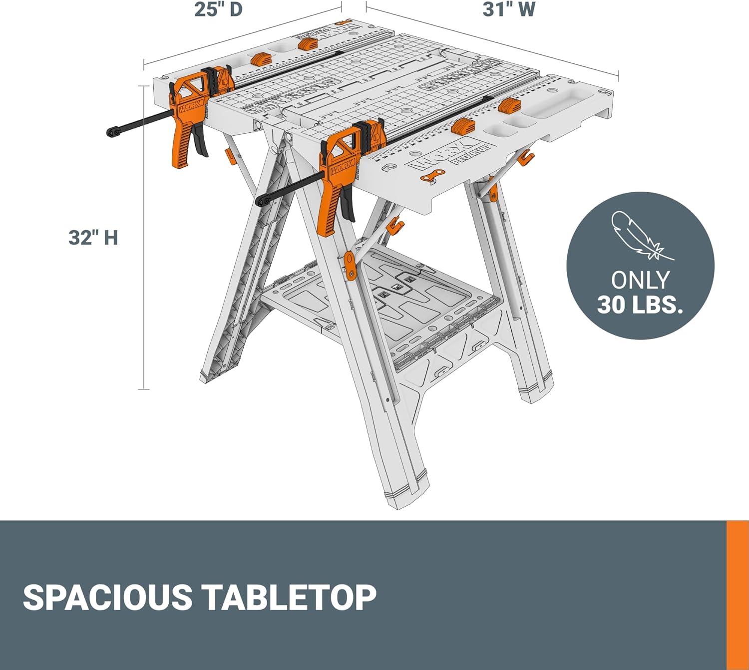 Worx Pegasus 2-in-1 Folding Work Table & Sawhorse, Easy Setup Portable Workbench, 31" W x 25" D x 32" H Lightweight Worktable with Heavy-Duty Load Capacity, WX051 - Includes 2 Clamps & 4 Clamp Dogs - Image 5