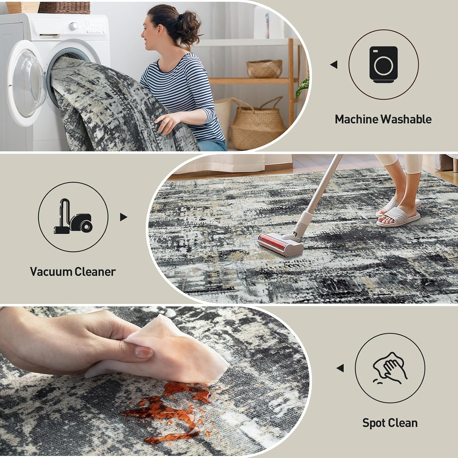 8x10 Area Rugs Washable Rug: Large Modern Abstract Living Room Rug Soft Anti-Skid Thin Carpet Indoor Floor Non-Shedding Carpets for Bedroom Dining Farmhouse Nursery Home Office Black Grey Gold - Image 4