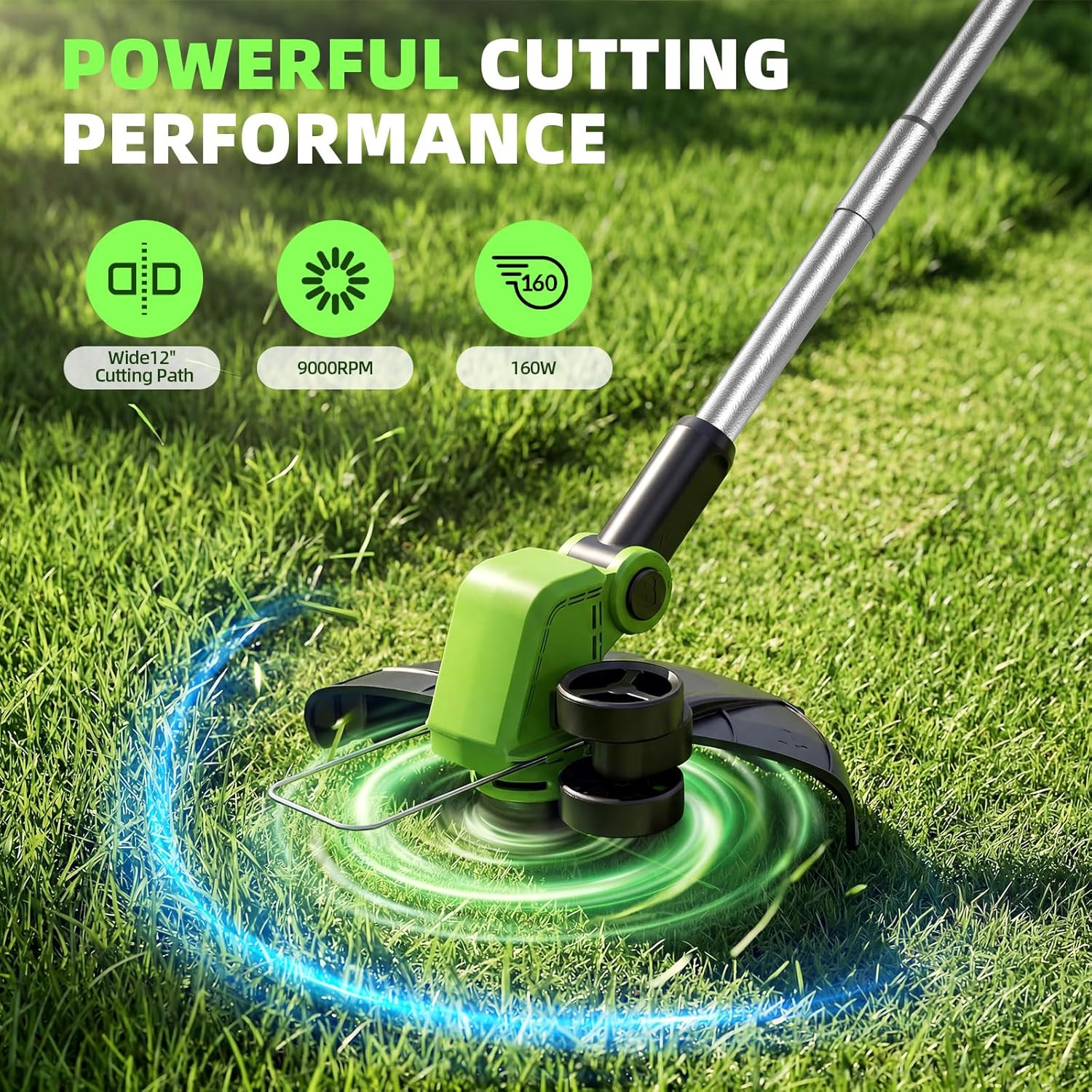21V Weed Wacker Cordless & Lawn Edger, 9000RPM Electric Weed Eater with 2x2.0Ah Battery, 12" Auto Line Feed String Trimmer with 8 Pcs Spools, Lightweight Edger Lawn Tool for Yard, Green - Image 4