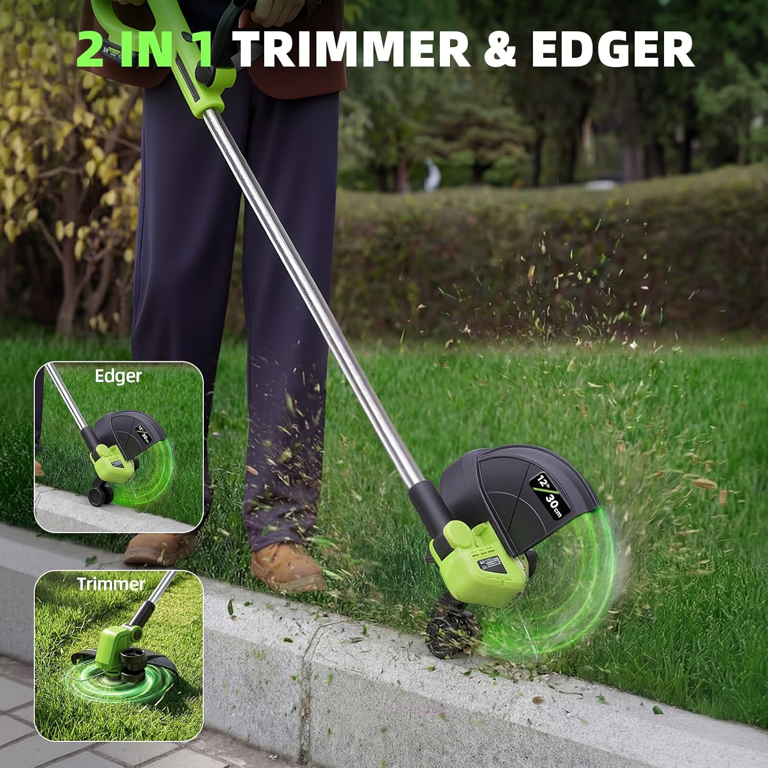 21V Weed Wacker Cordless & Lawn Edger, 9000RPM Electric Weed Eater with 2x2.0Ah Battery, 12" Auto Line Feed String Trimmer with 8 Pcs Spools, Lightweight Edger Lawn Tool for Yard, Green - Image 6