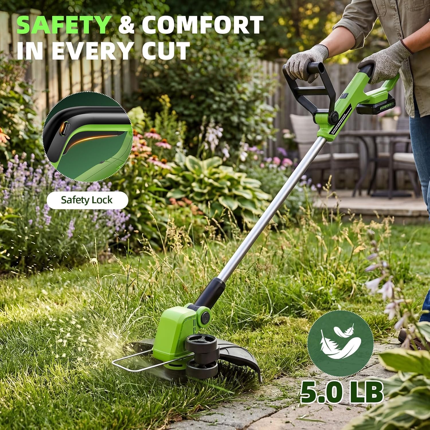21V Weed Wacker Cordless & Lawn Edger, 9000RPM Electric Weed Eater with 2x2.0Ah Battery, 12" Auto Line Feed String Trimmer with 8 Pcs Spools, Lightweight Edger Lawn Tool for Yard, Green - Image 7