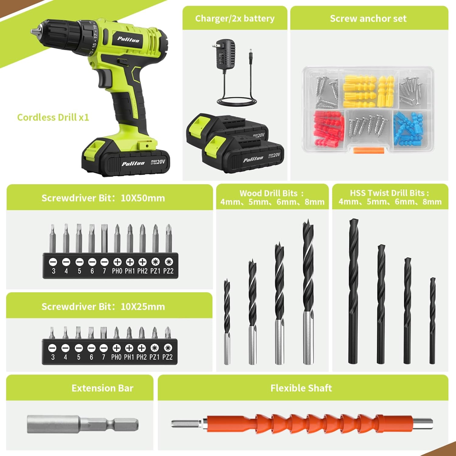 PULITUO'S 20V Cordless Drill/Driver, Electric Screwdriver - 2 Batteries, 30Nm, 21+1 Torque, 2 Speed, Keyless 3/8" Chase Drill with LED Light, Kit for Home (Green) - Image 3