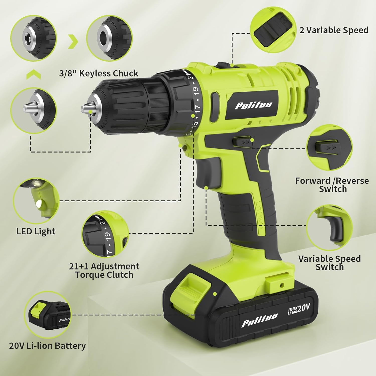 PULITUO'S 20V Cordless Drill/Driver, Electric Screwdriver - 2 Batteries, 30Nm, 21+1 Torque, 2 Speed, Keyless 3/8" Chase Drill with LED Light, Kit for Home (Green) - Image 4