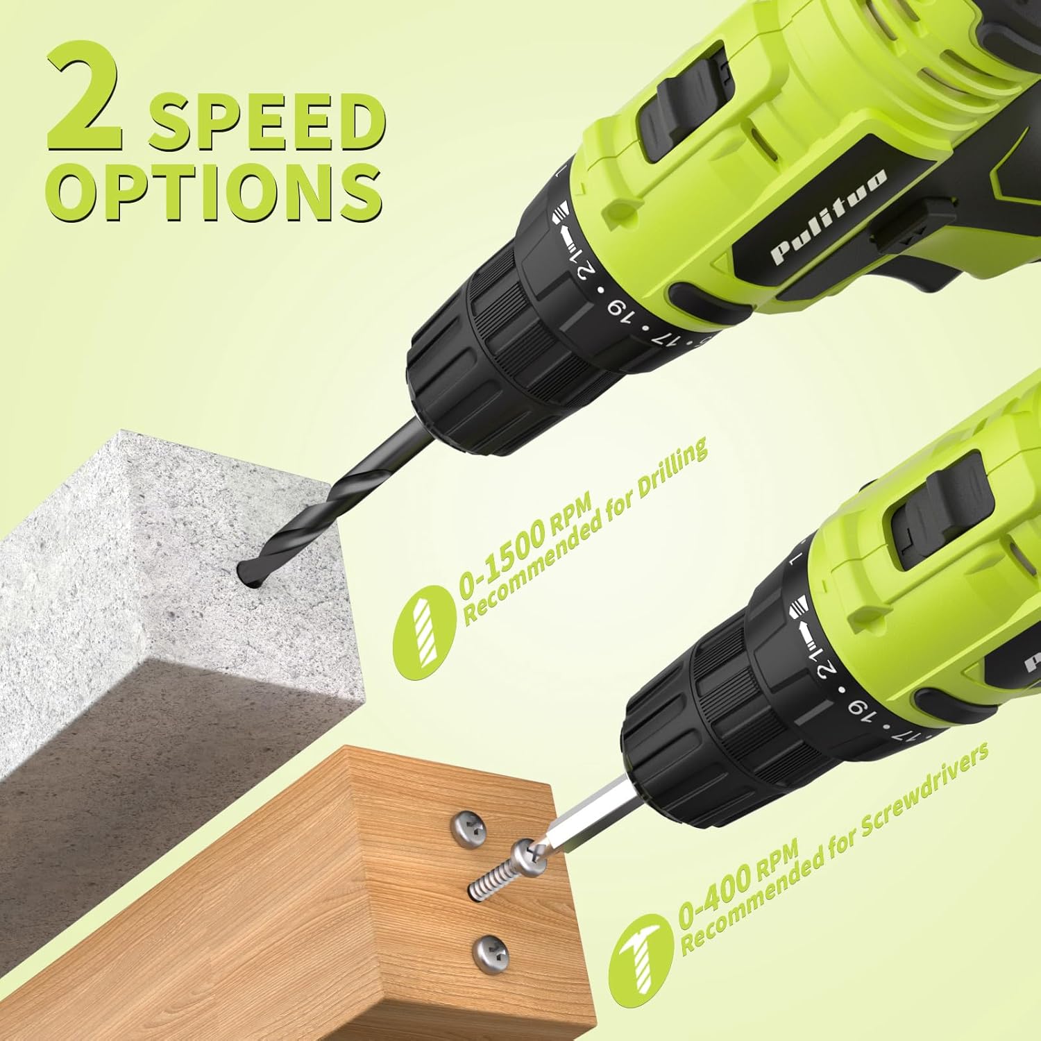 PULITUO'S 20V Cordless Drill/Driver, Electric Screwdriver - 2 Batteries, 30Nm, 21+1 Torque, 2 Speed, Keyless 3/8" Chase Drill with LED Light, Kit for Home (Green) - Image 5