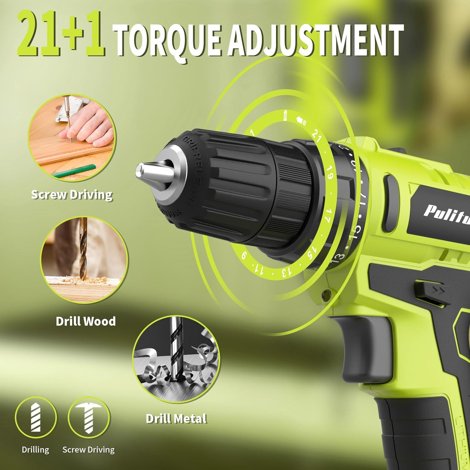 PULITUO'S 20V Cordless Drill/Driver, Electric Screwdriver - 2 Batteries, 30Nm, 21+1 Torque, 2 Speed, Keyless 3/8" Chase Drill with LED Light, Kit for Home (Green) - Image 6