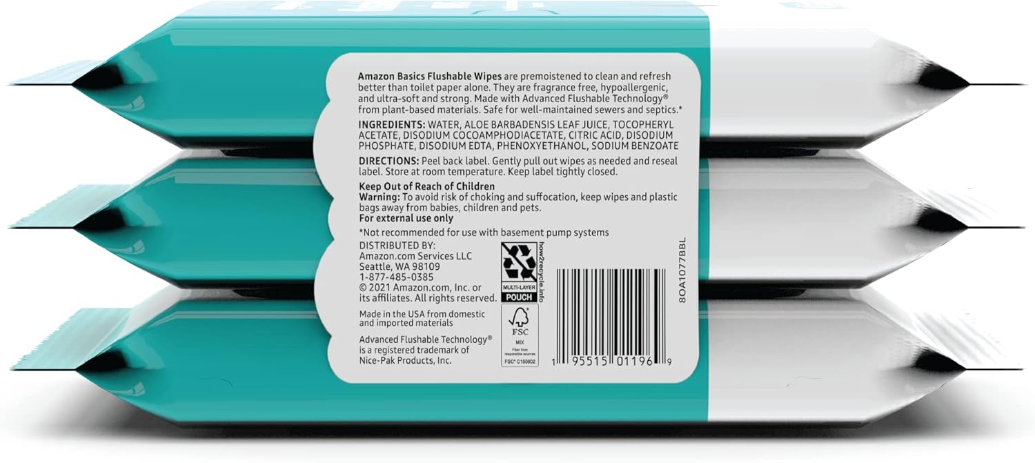 Amazon Basics Adult Wet Wipes Flushable formulated without Fragrance, 126 Count (3 Packs of 42) Packaging May Vary - Image 4