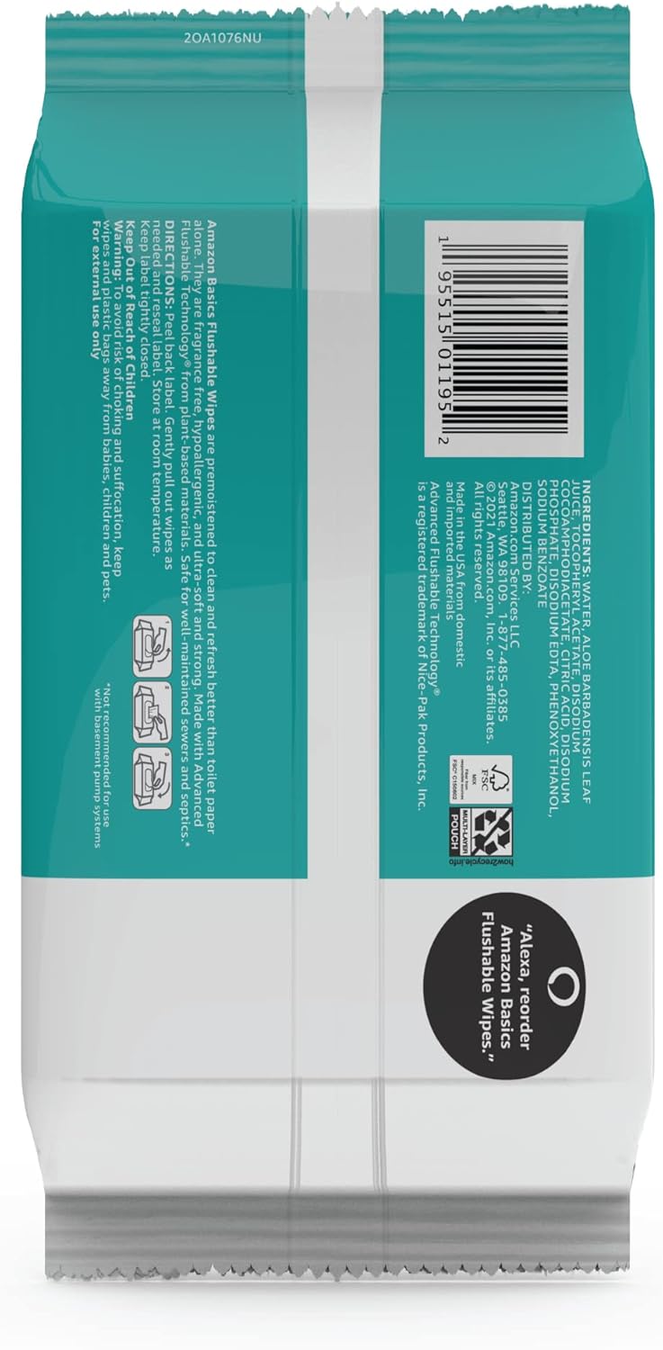 Amazon Basics Adult Wet Wipes Flushable formulated without Fragrance, 126 Count (3 Packs of 42) Packaging May Vary - Image 5