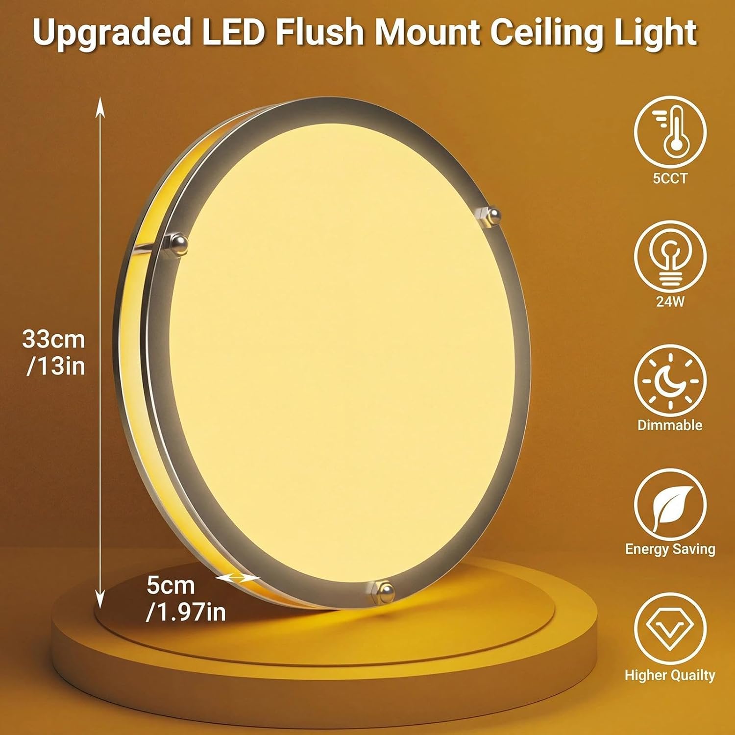 libtit 13-Inch Flush Mount Ceiling Lights, Dimmable 3000K-6500K Adjustable LED Ceiling Light, 24W Round Slim Light Fixture, Brushed Nickel for Kitchen, Bedroom, Bathroom, Hallway-1 Pack - Image 3