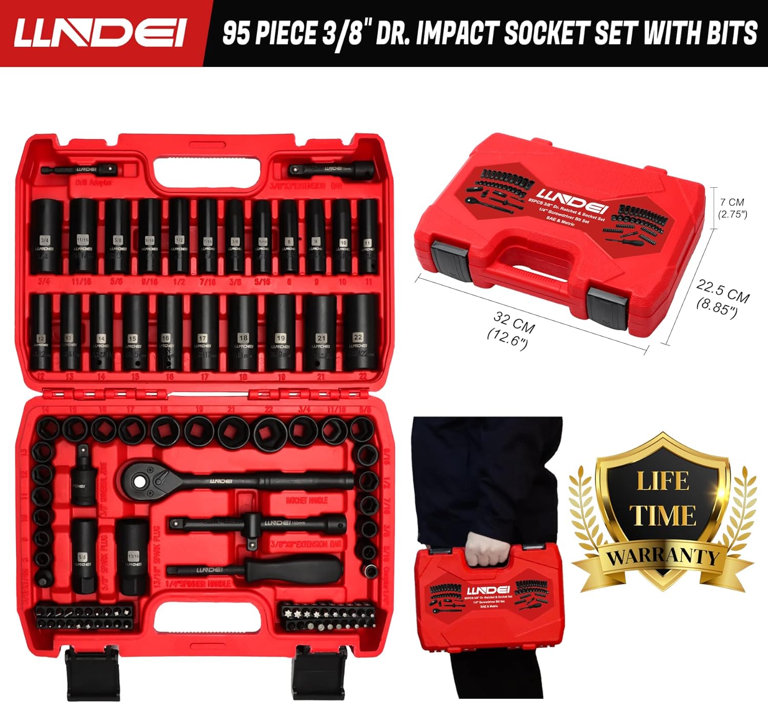 LLNDEI 3/8”Drive Impact Socket Set,Standard SAE(5/16 to 3/4-Inch) Metric Size(8-22mm), 95 Piece, CR-V Steel Deep&Shallow Kit, Adapters, Ratchet Handle, Screwdriver Bit Set, Spark Plug Socket, 6 Point - Image 4